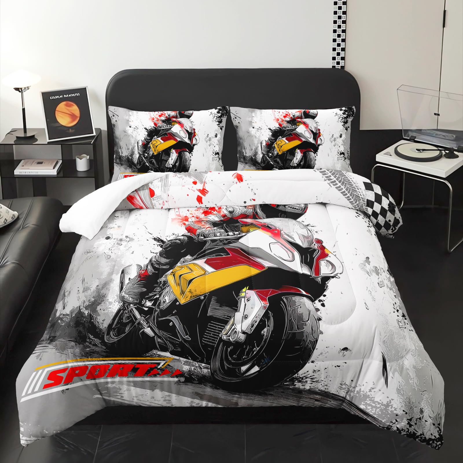 Motorcycle Race Comforter Set King Size for Boys，Kids Sports Themed King Size Bedding Set，Sport Quilt for Boys，with 1 Comforter with 2 Pillow Case