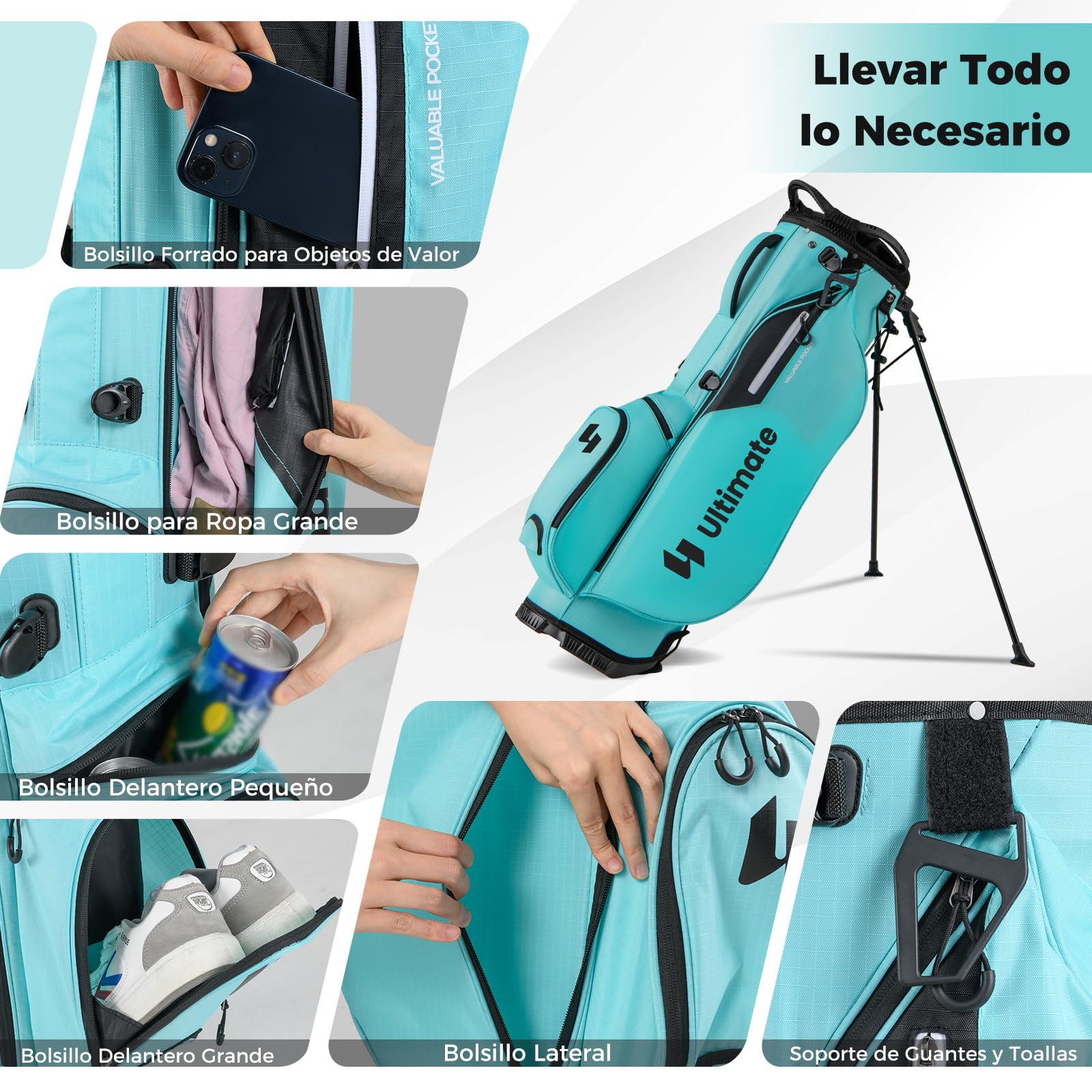 COSTWAY Bolsa Golf con Soporte, 8 Divisores, 5 Bolsillos, Correa Ajustable, Capucha Lluvia