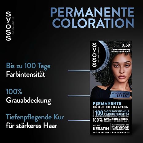 SYOSS Coloration 3_59 Cool Dark Brown (115 ml) Permanent Colouration with Keratin Gives a Cool Shade for up to 100 Days of Professional Colour Intensity with Anti-Yellow Tint Effect