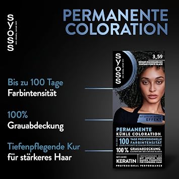 SYOSS Coloration 3_59 Cool Dark Brown (115 ml) Permanent Colouration with Keratin Gives a Cool Shade for up to 100 Days of Professional Colour Intensity with Anti-Yellow Tint Effect