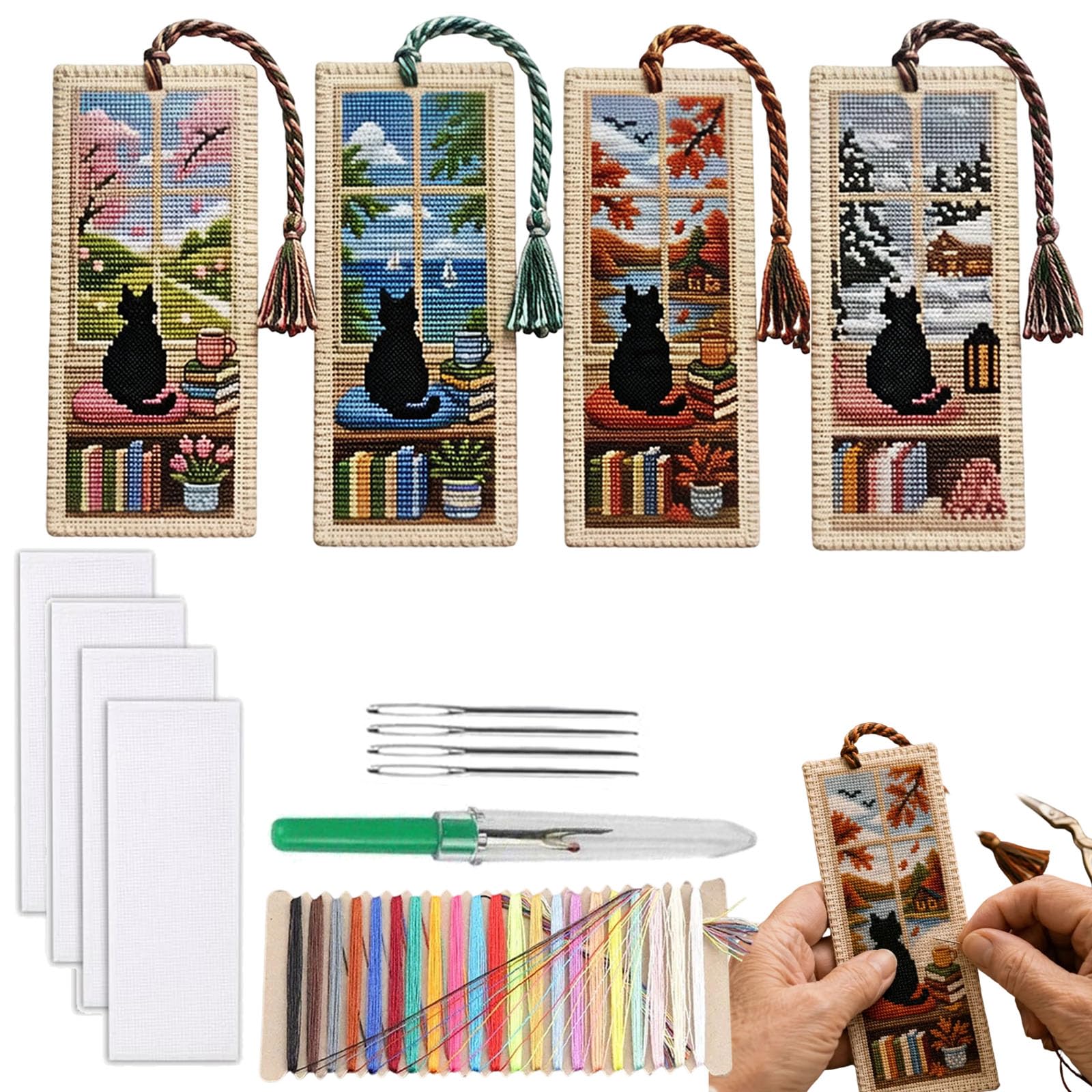tiwuuyo Seasonal Cat Cross Stitch Bookmark, Black cat Bookmarks Cross Stitch kit for Beginners,Vintage DIY Stamped Embroidery with Backing Felt Floss Instructions,Cozy Gift for Book Lover (4 Seasons)