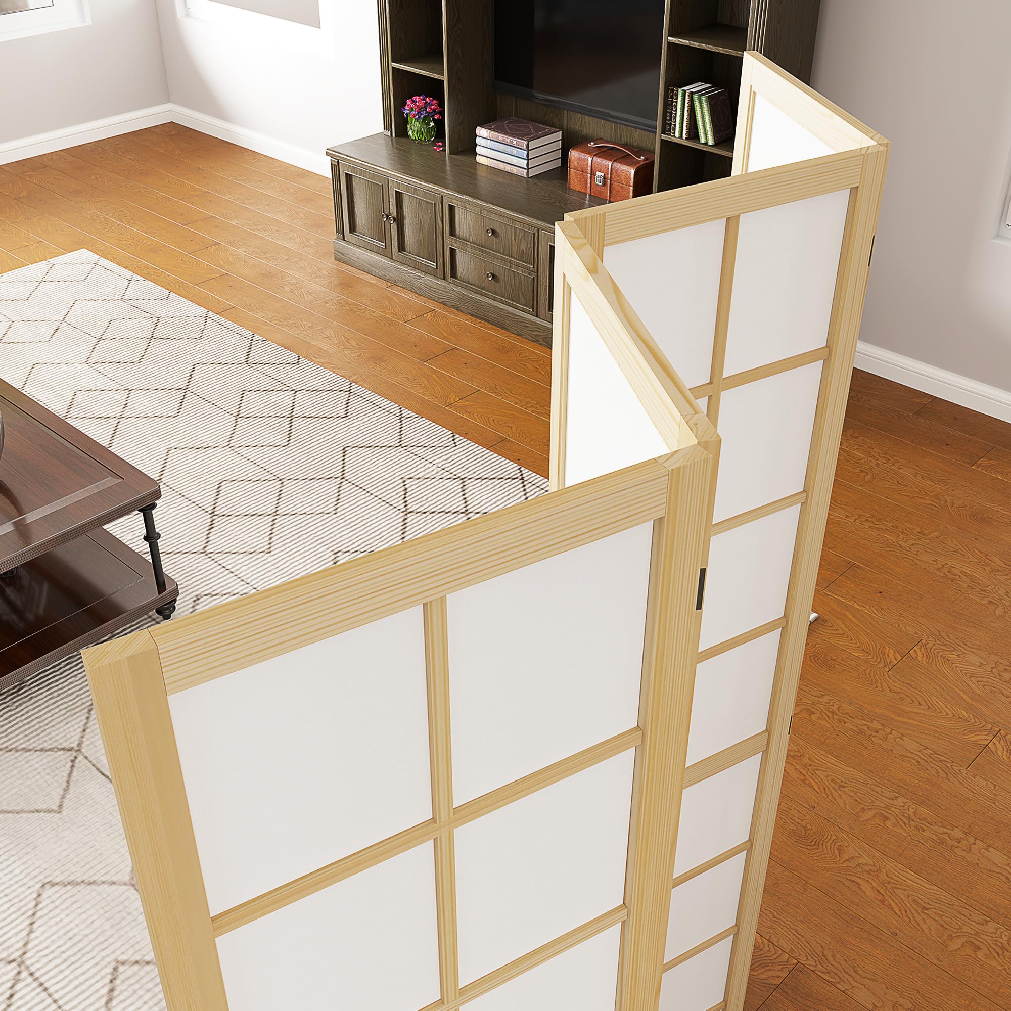 HOMCOM Biombo de 4 Paneles Plegable con Marco de Madera 160x170 cm Natural | Biombo Separador de Ambientes, Pantalla de Privacidad, Dormitorio Oficina Salón