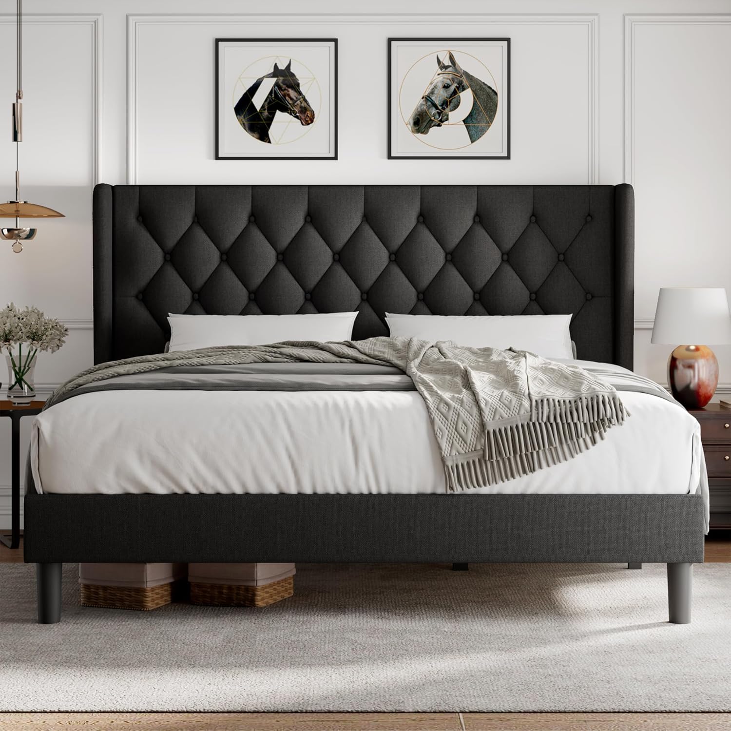 iPormis King Size Platform Bed Frame with Button Tufted Headboard, Upholstered Bed Frame with Solid Wooden Slats, 8" Underbed Space, No Box Spring Needed, Noise Free, Easy Assembly, Black - Image 8