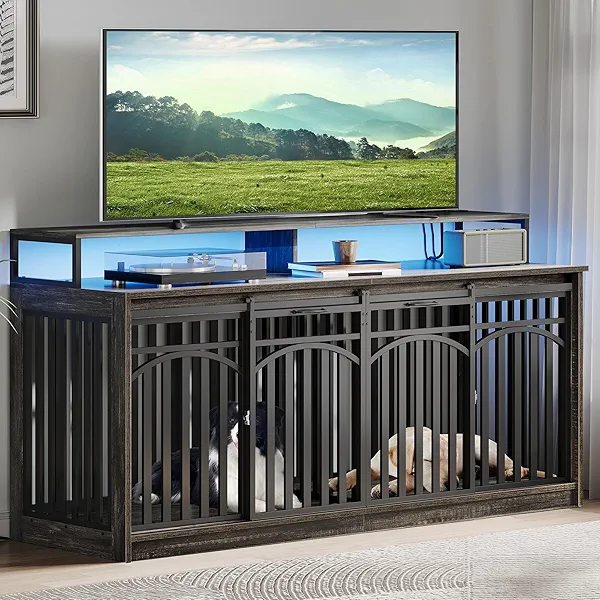 DWVO 71" Double Dog Crate Furniture with LED Light & Power Outlets, Heavy Duty Dual Dog Kennel TV Stand w Storage Shelves Sliding Doors, Wooden Two Dog Cage Table 2 Medium Large Dogs, Black Oak