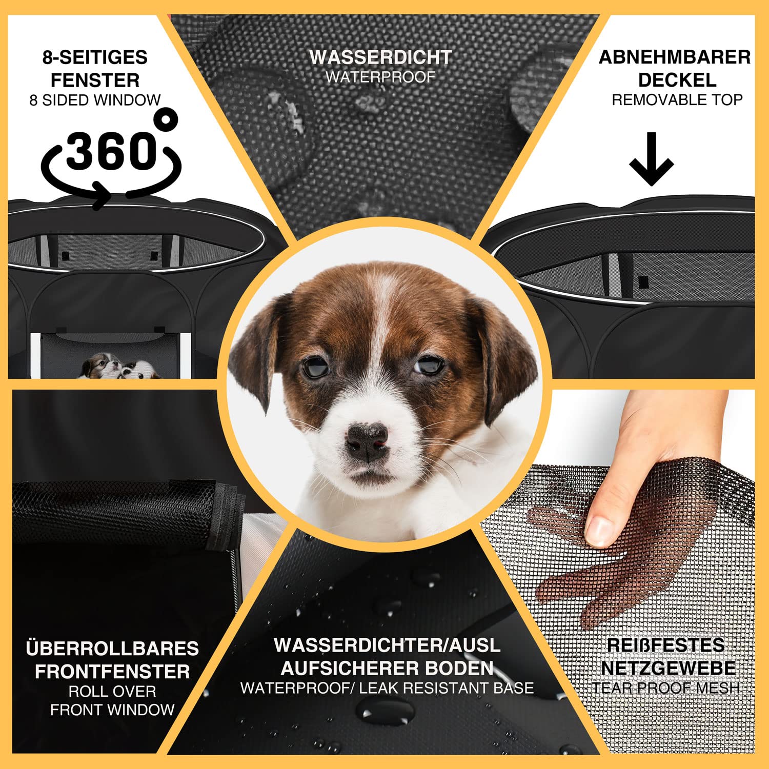 all Pets United® Welpen-Laufstall Tierlaufstall Welpenauslauf-Stall; XXL Freigehege für Hunde, Katzen, Hasen & Kleintiere im Innen- und Außenbereich (Schwarz-Beige)