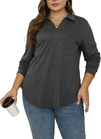 Long Sleeve Tunic Tops for Women Plus Size Loose Fit V Neck Collared Pullover Swing Tee Work Shirts with Pockets Heather Dark Grey