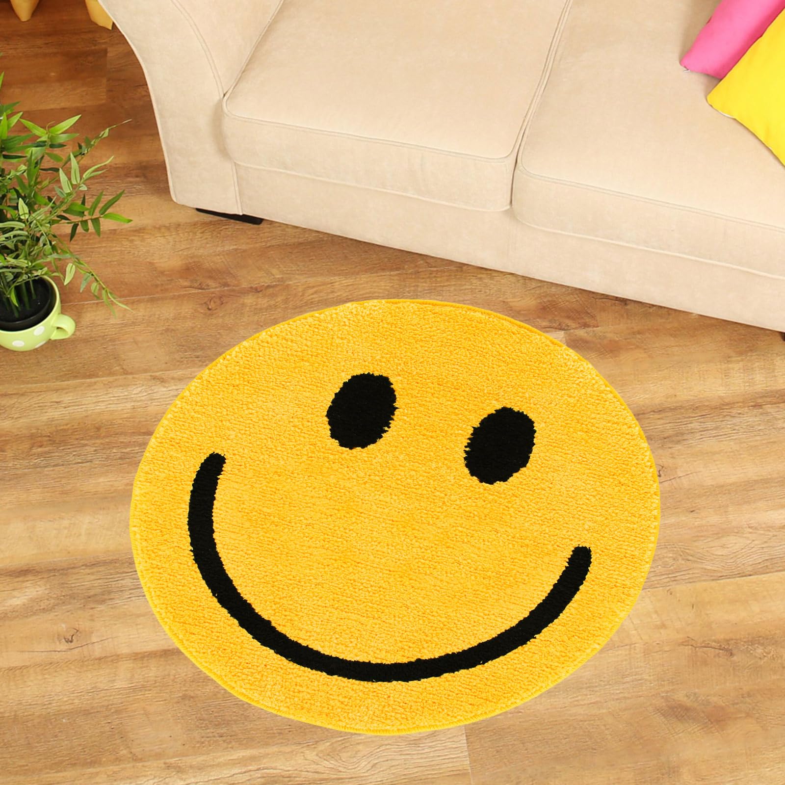 Whaline Smile Face Bath Rug Yellow Happy Face Tufted Bath Mat Non Slip Absorbent Round Bathroom Shower Rugs Front Door Mat Carpet Floor Rug for Home