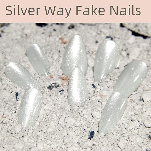 Miniatura 3 de Kuiini Mov Uñas postizas a presión, ojos de gato, uñas con pegamento, kit de uñas de gel de 24 piezas Miss Galaxy Almond a presión, kit de uñas