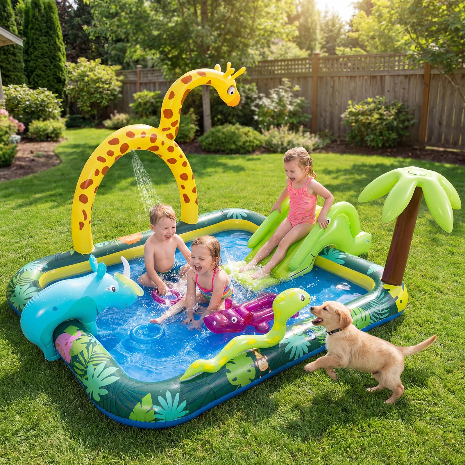 COSTWAY Piscina Hinchable Infantil con Tobogán, Rociador Jirafa y Lanzamiento Aros, 208x178x138 cm
