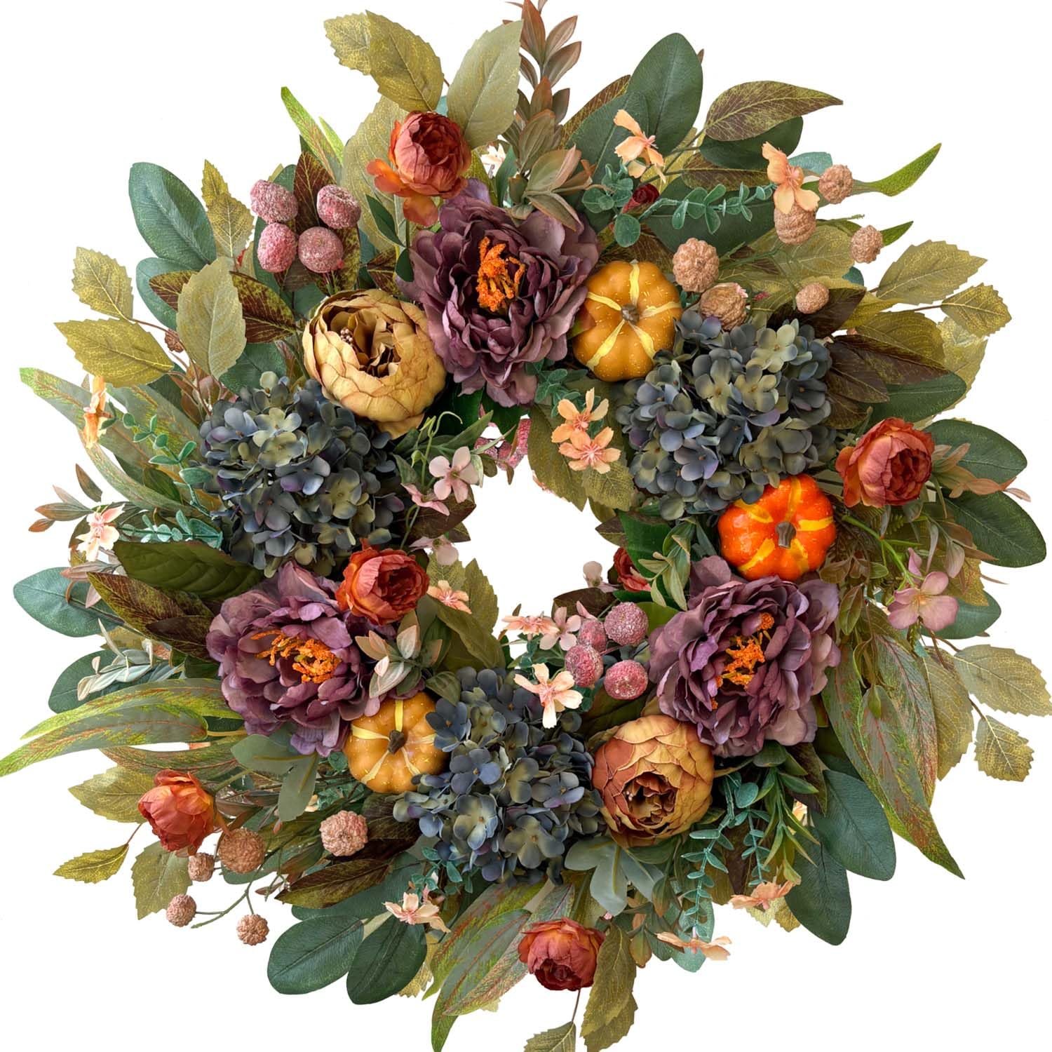 wanna-cul 24 inch spring fall wreaths for front door with blue hydrangea fall wreath front door with purple orange peony and pumpkins-fall decoration for home-large fall decor door wreath for autumn