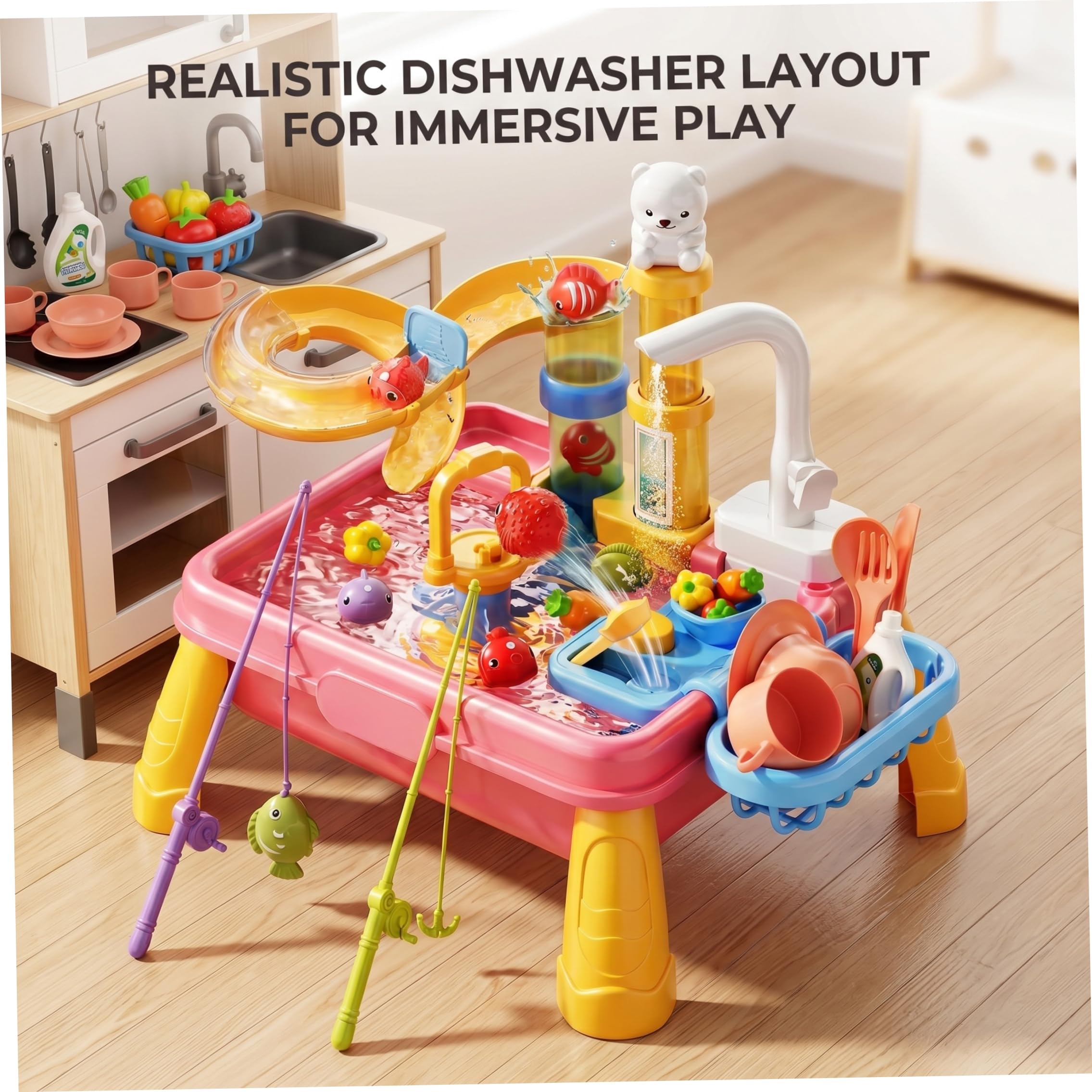 Lavandino Giocattolo con Acqua Corrente Tavolo da Gioco Acquatico 7 in 1 per Bambini con Giocattolo da Pesca Cucina realistica per Giochi di Ruolo circolazione Automatica per Bambini Style1
