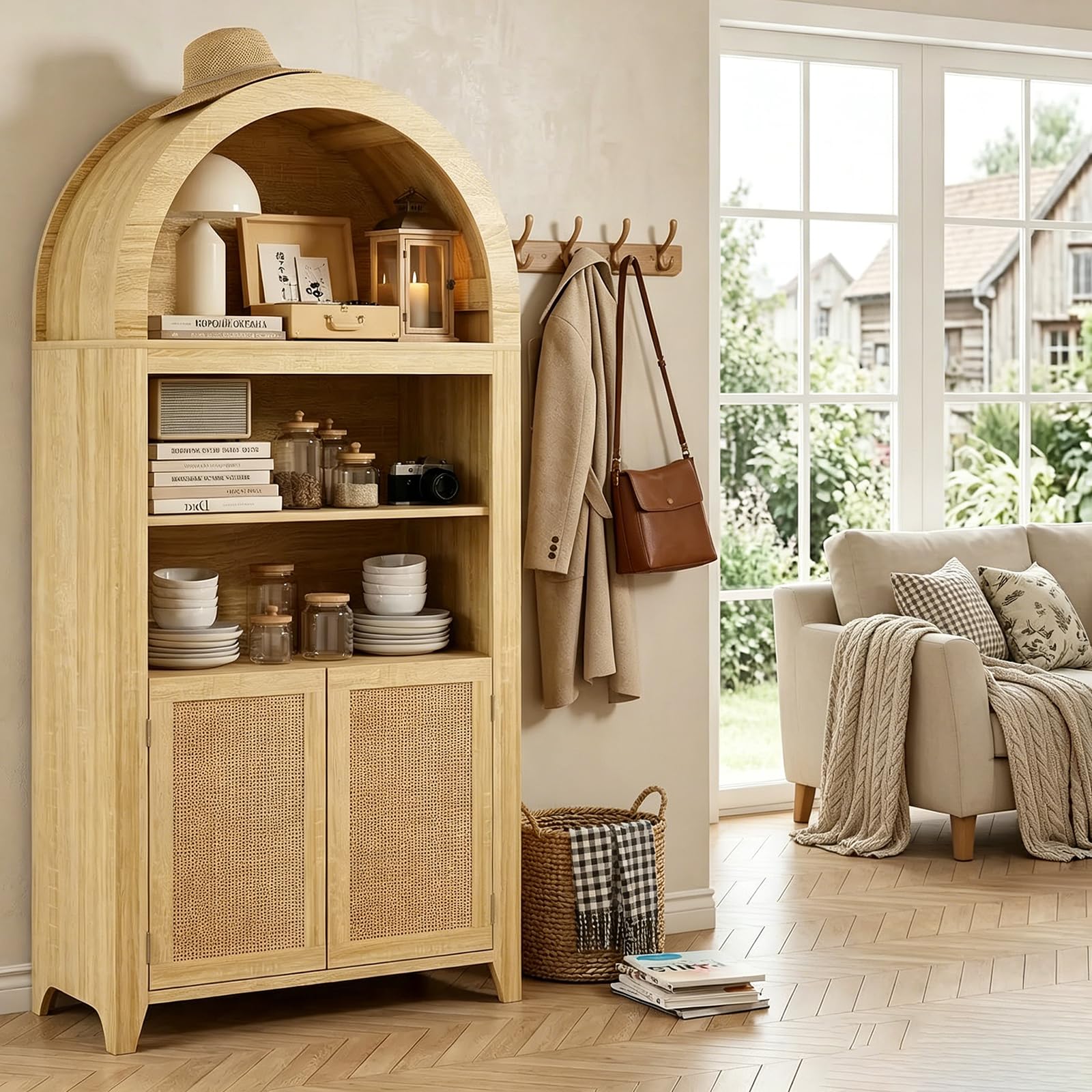 Bücherregal mit Türen, gebogener, hoher Rattan-Aufbewahrungsschrank, Holz-Bücherregal mit 3-stöckigen offenen Regalen, für Wohnzimmer, Schlafzimmer, Heimbüro, Küche