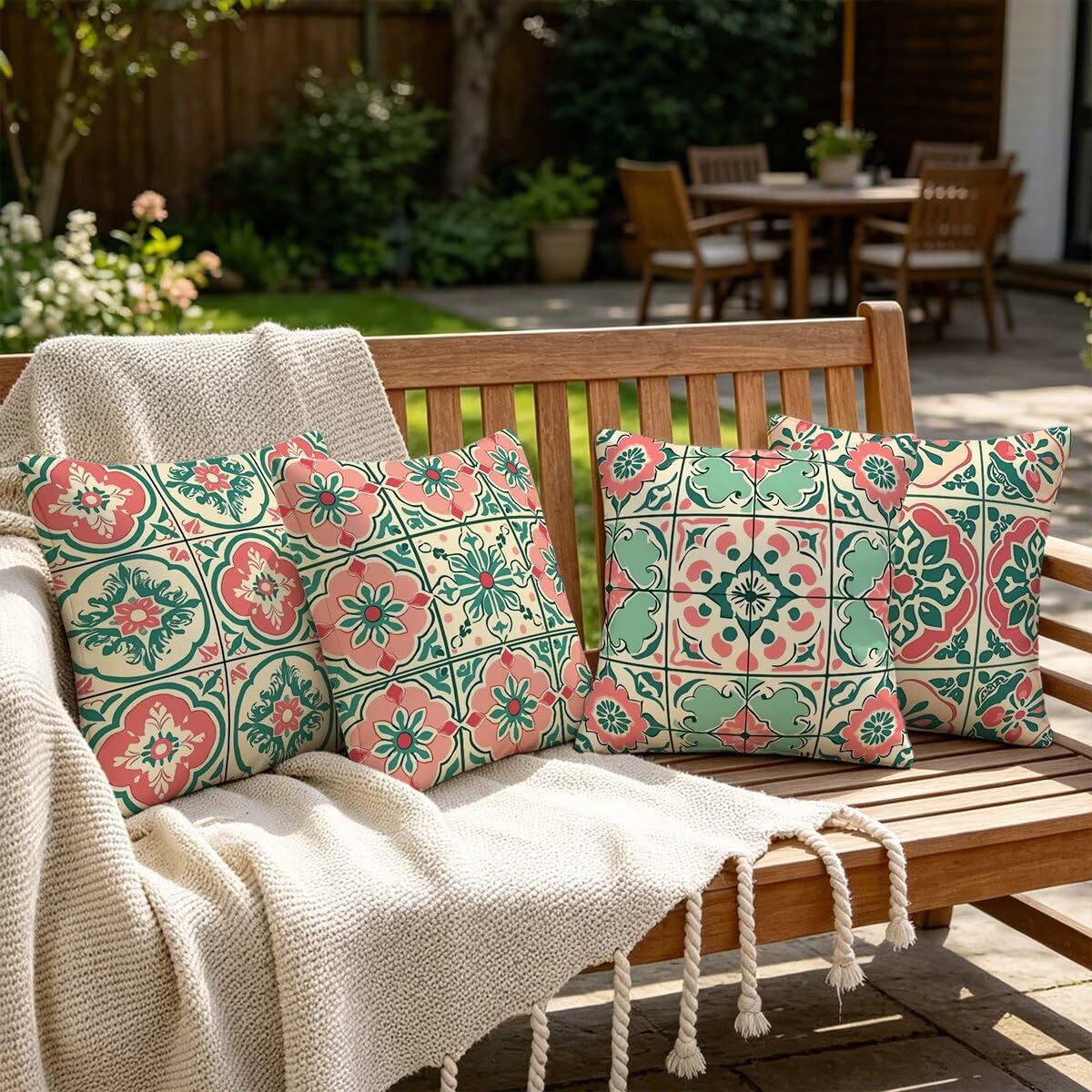 Kissenbezug 80x80 Beige, Outdoor Kissen Wasserfest 4er Set, Leinen Dekokissen Kissenbezüge, Zierkissen Kopfkissenbezug Beidseitiger Druck, Bezug Kissen Geometrie für Deko Wohnzimmer, Geschenke S-94