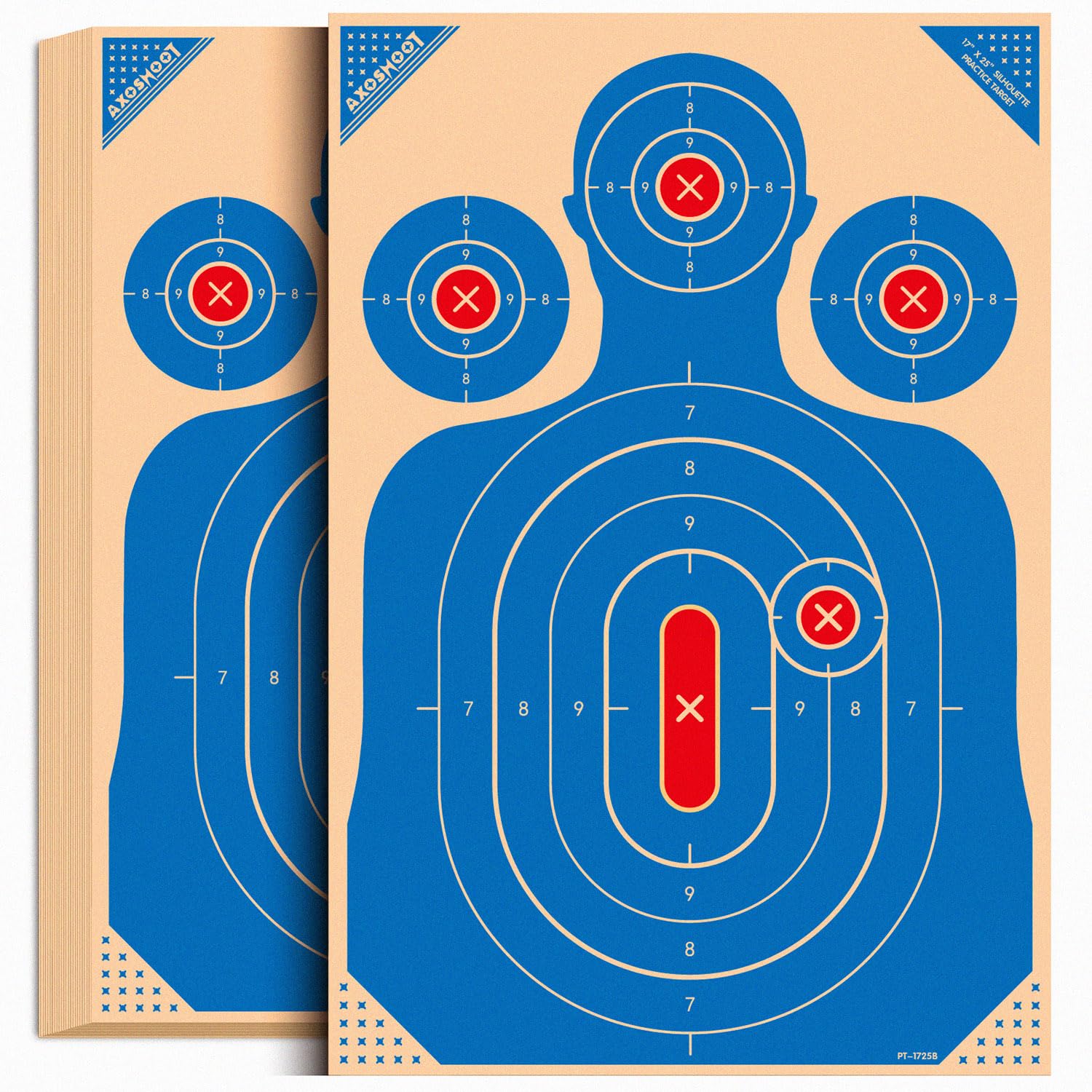 AXOSHOOT Silhouette Shooting Target Paper - 17x25 Inch, 150gsm Crease-Free Kraft, 5 Red Bullseyes, Blue - 50/Pack, for Pistol, Rifle, Airsoft - Indoor & Outdoor Shooting Ranges