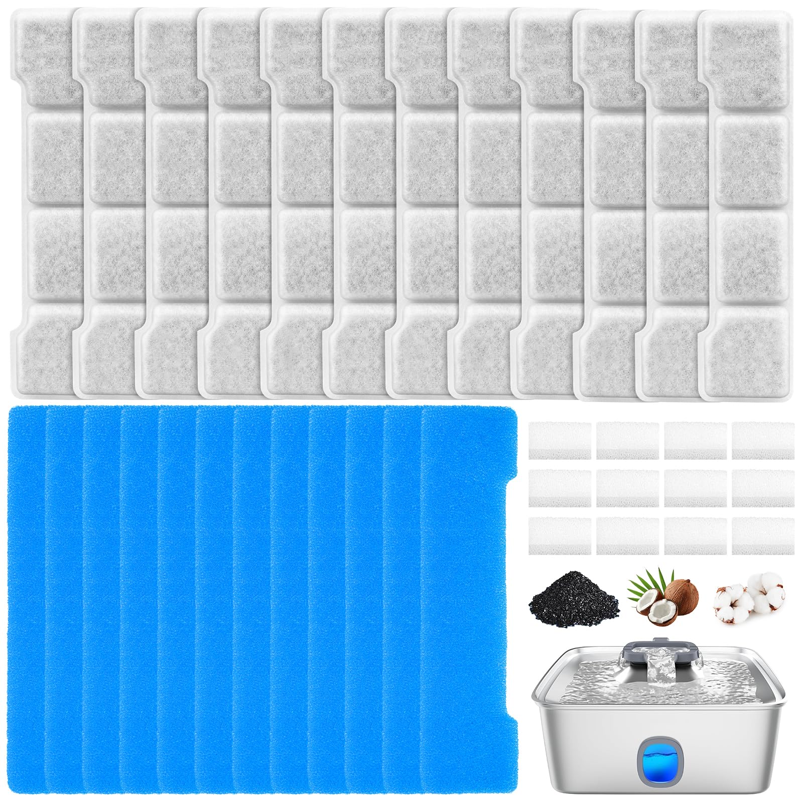 12 Cat Fountain Filters Compatible with SIBAYS 15L Dog Water Fountain SIFS76DE, incl. 12 Activated Carbon Water Filter, 12 Pack Pre Sponge with 12 Sponges for Pump