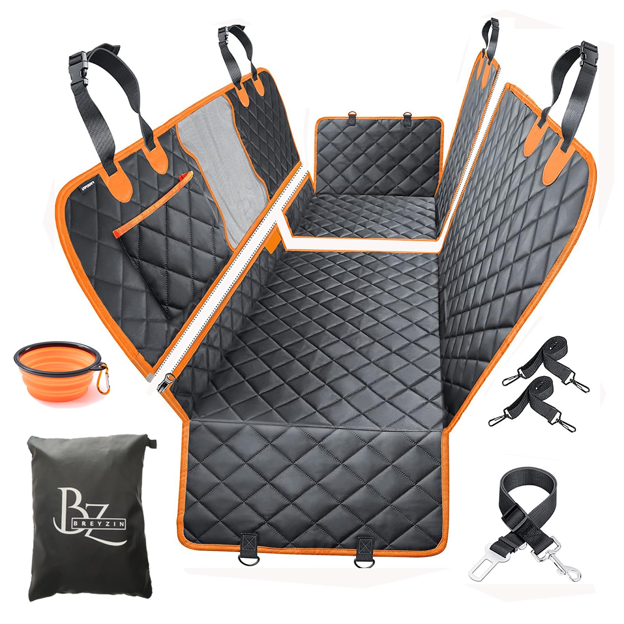 Breyzin Funda Coche Perro 5 en 1 Funda Asiento Coche Perro Impermeable Protector Asiento Coche Perros Accesorios Mascotas Funda Perro Coche Funda Maletero Coche (Negro/Naranja)