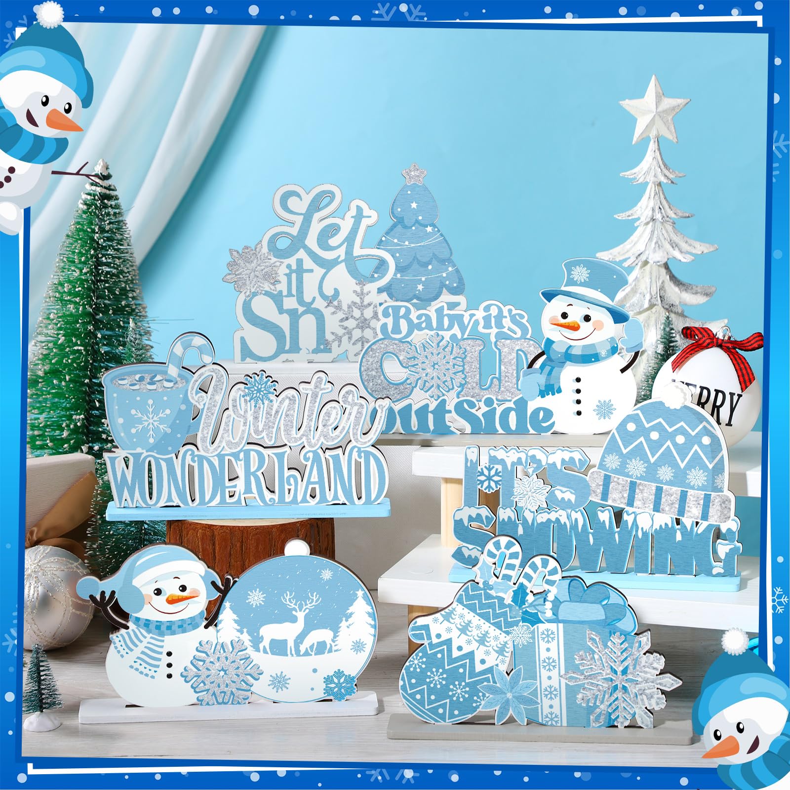 Wonderjune 6 piezas de decoración de mesa de invierno, copo de nieve, muñeco de nieve, centros de mesa de madera, decoraciones del país de las maravillas para fiestas de congelado, invierno, temática