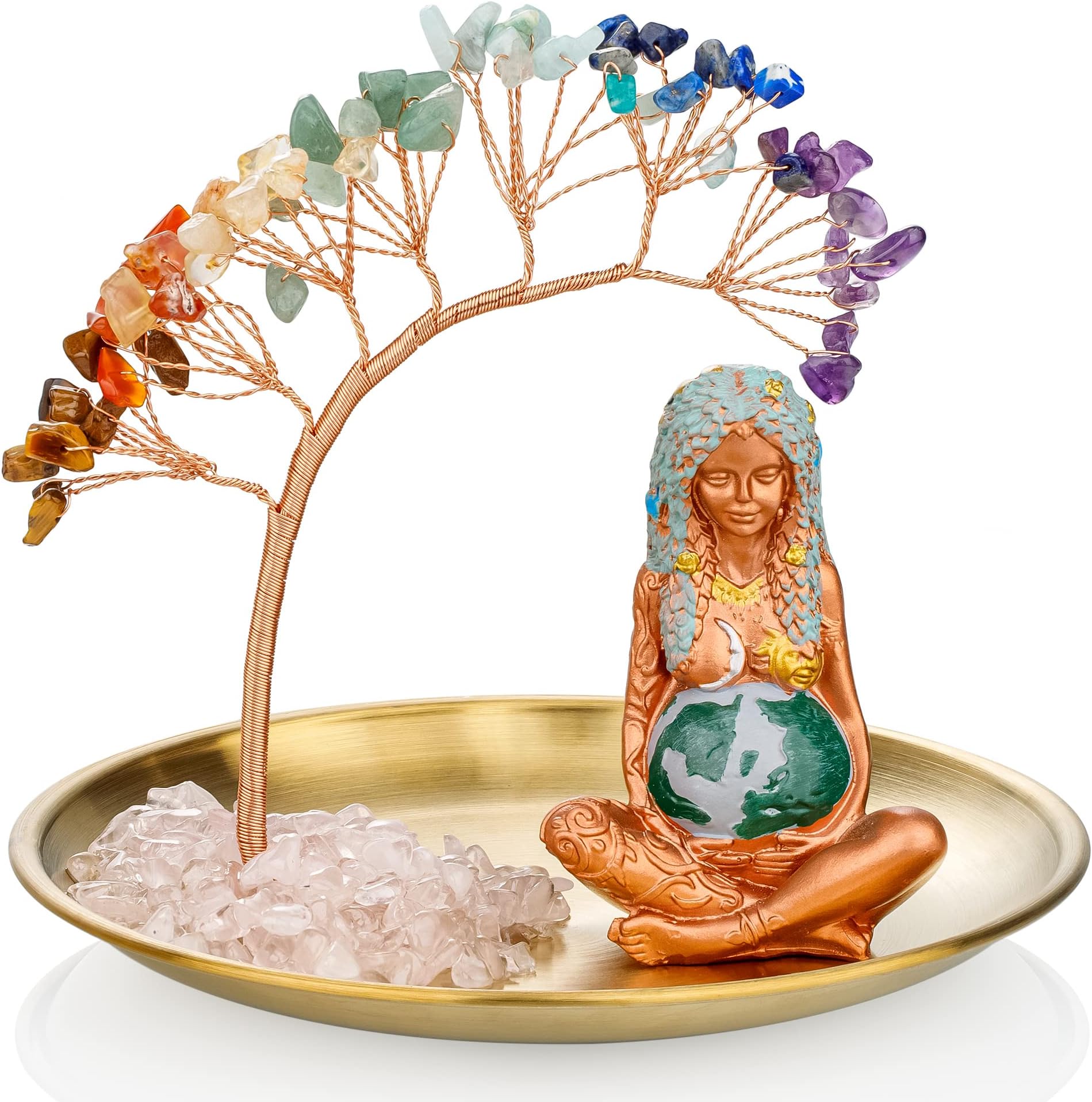 ZenBless Crystals Tree,7 Chakra Healing Crystals Tree Gaia Te Fiti Storage Tray Yoga Meditation Zen Home Decor Set Figurine Ornament Decoration Feng Shui Wealth Luck (Mother Earth Statue_Gold Tray)