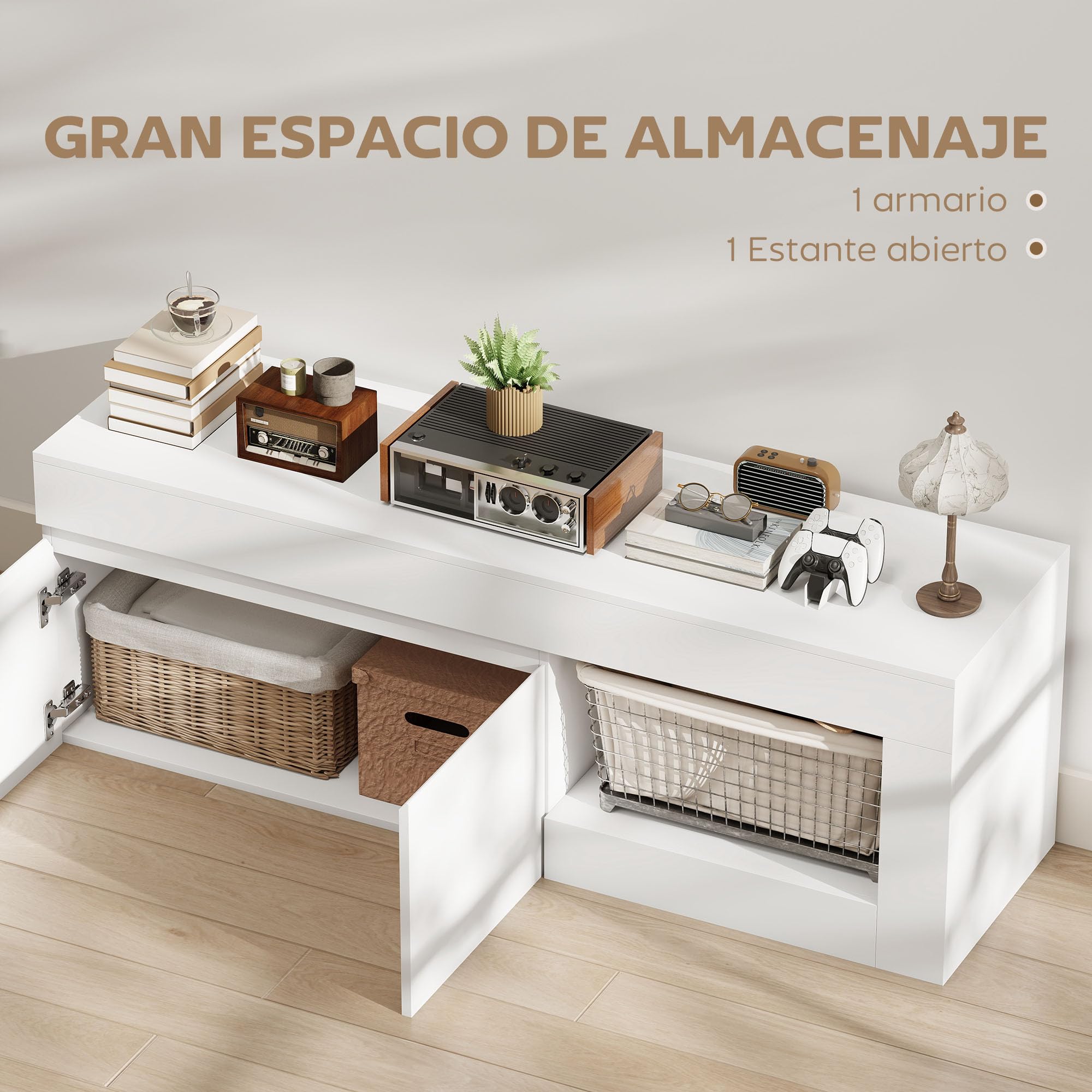 HOMCOM Mueble de TV Moderno con 2 Puertas 140x40x48 cm Blanco | Mesa de TV para Salón, Estante Abierto, para Televisión 60 Pulgadas