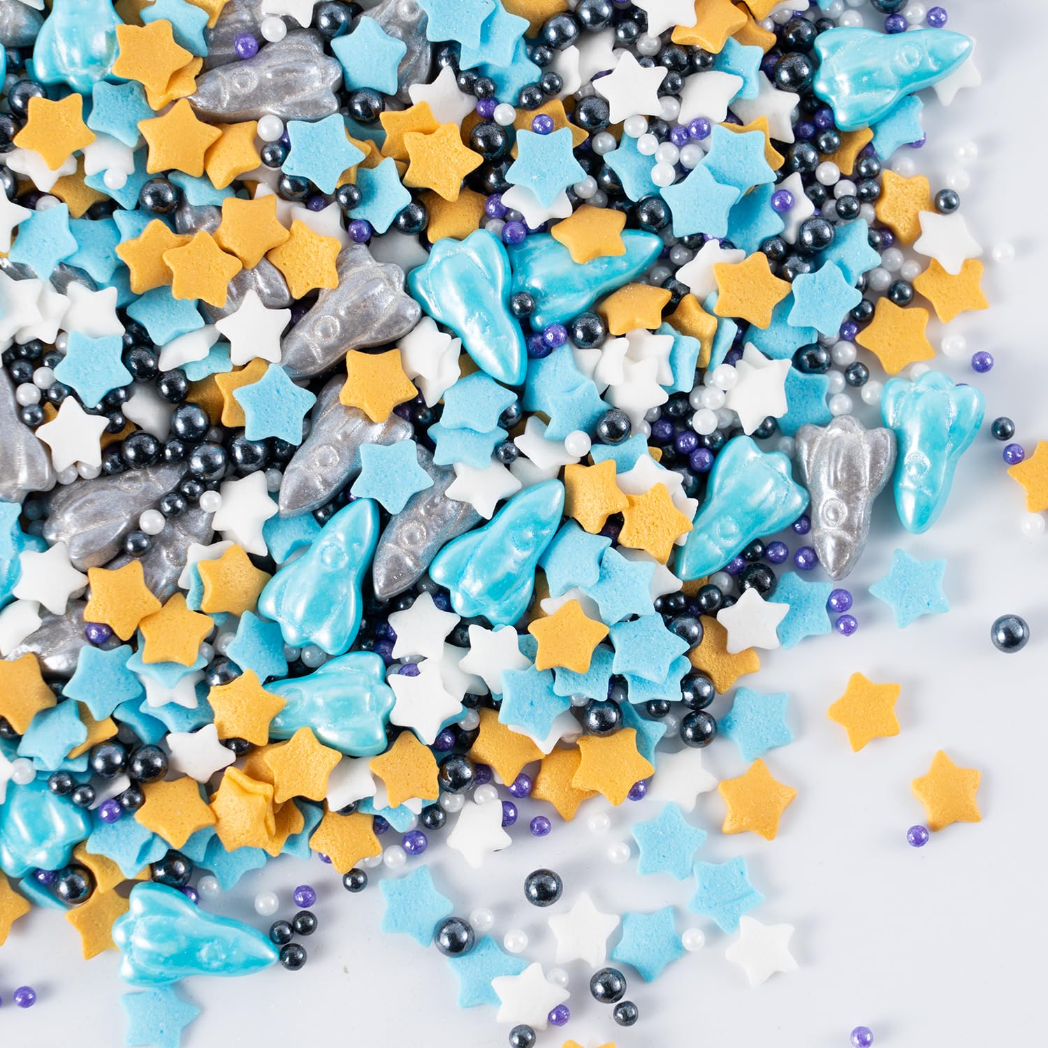 Space Theme Sprinkles Edible Blue Sliver Rocket Stars Sprinkles Galaxy Spacecraft Pearls Sugar Candy for Cookie Decorations Baking Cake Cupcake Topper