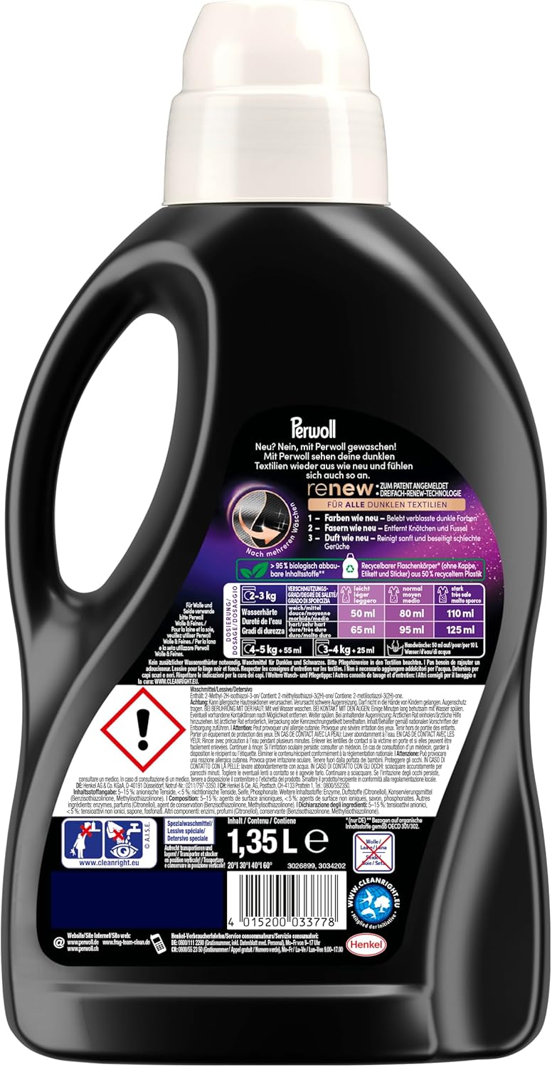 Perwoll Black Detergent (1 x 27 Wash Loads) Mild Detergent | Gently Cleans and Renews Dark Colors and Fibers | For All Dark Textiles | With Triple-Renew Technology