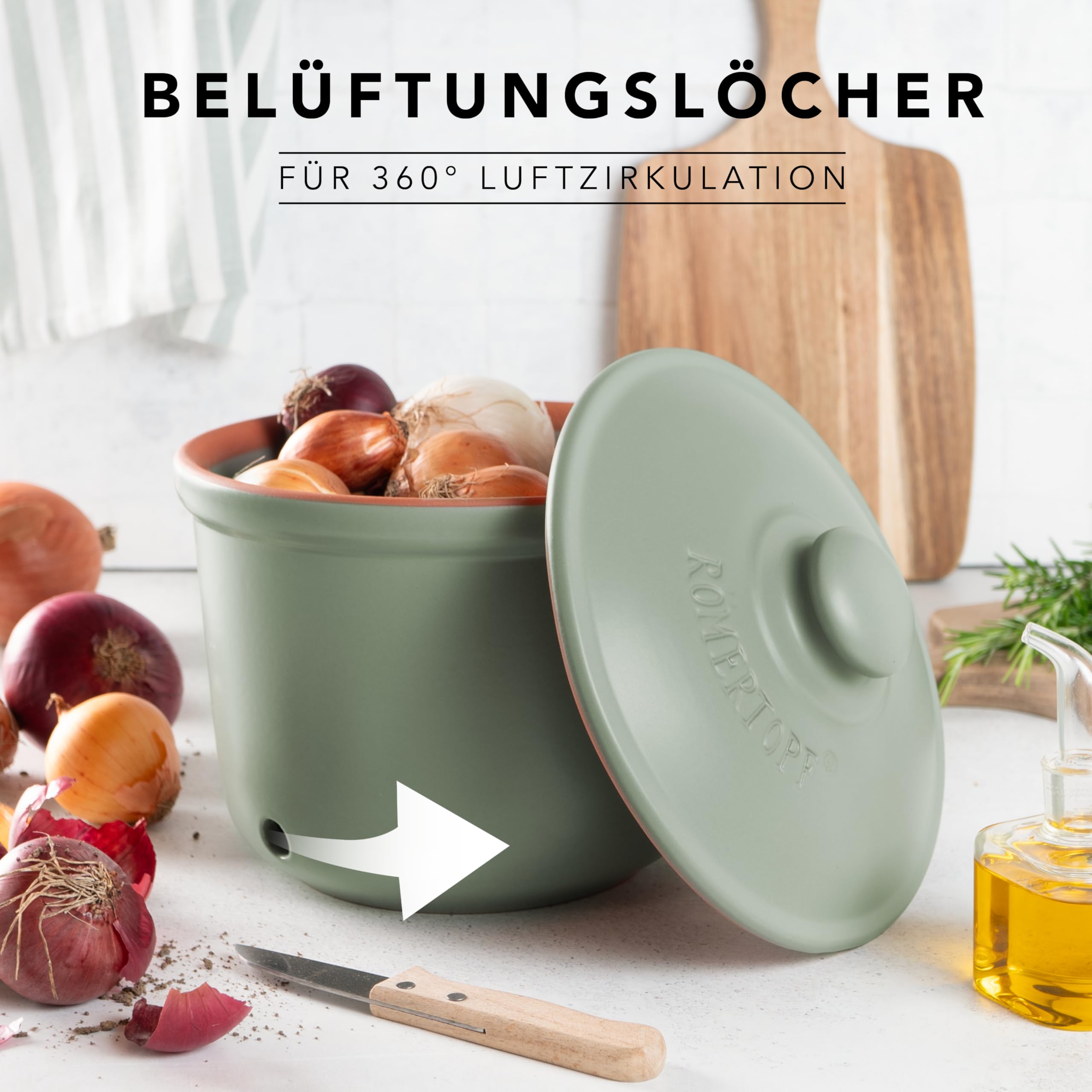 Römertopf MAXI – Olla para cebollas de cerámica, 2,8 L, recipiente transpirable para conservar las cebollas frescas más tiempo, verde