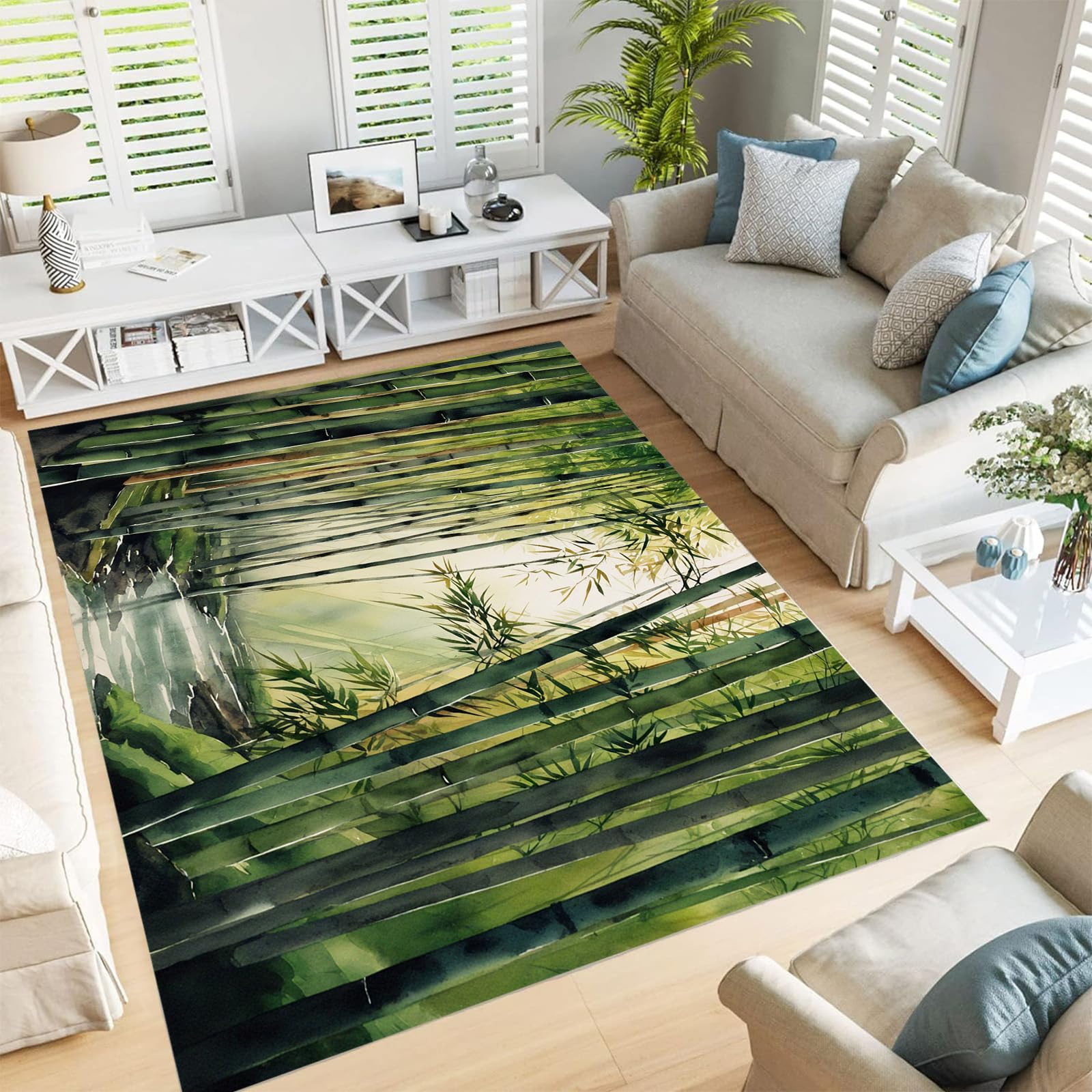 Tapis vert émeraude de prestige aquarelle bambous antidérapant et haut de gamme