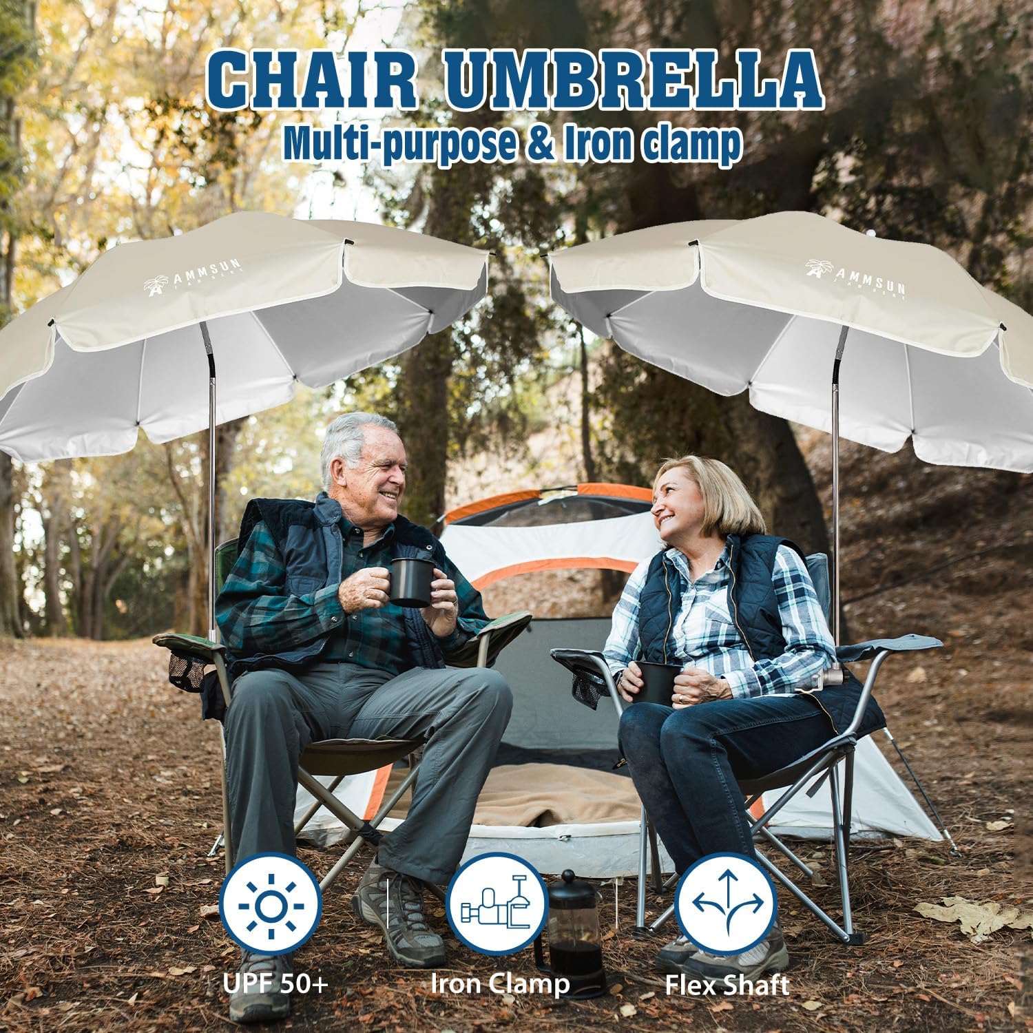 AMMSUN Chair Umbrella with Universal Clamp Adjustable 47 inches and 360° Swivel & UPF 50+ Protection Portable Sun Umbrella, Secure Clip on Camping/Beach Chairs, Stroller, Wheelchair, Golf cart, Lounger, Beige, 2 PACK