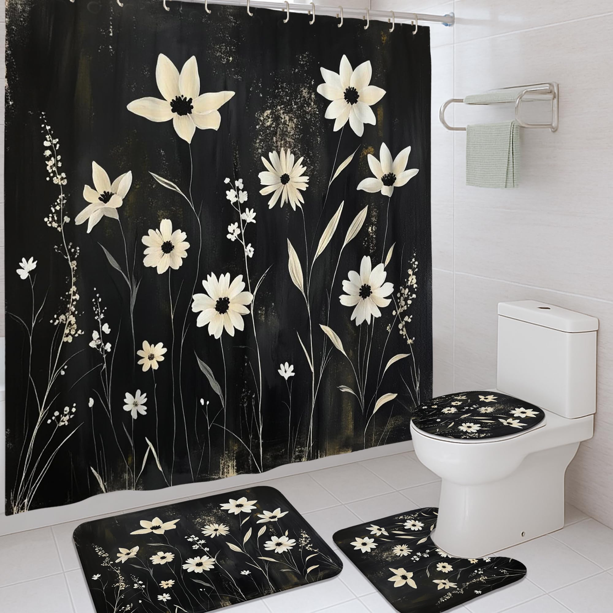 Rideau de douche polyester anti-éclaboussures 183x183 avec tapis de bain noir