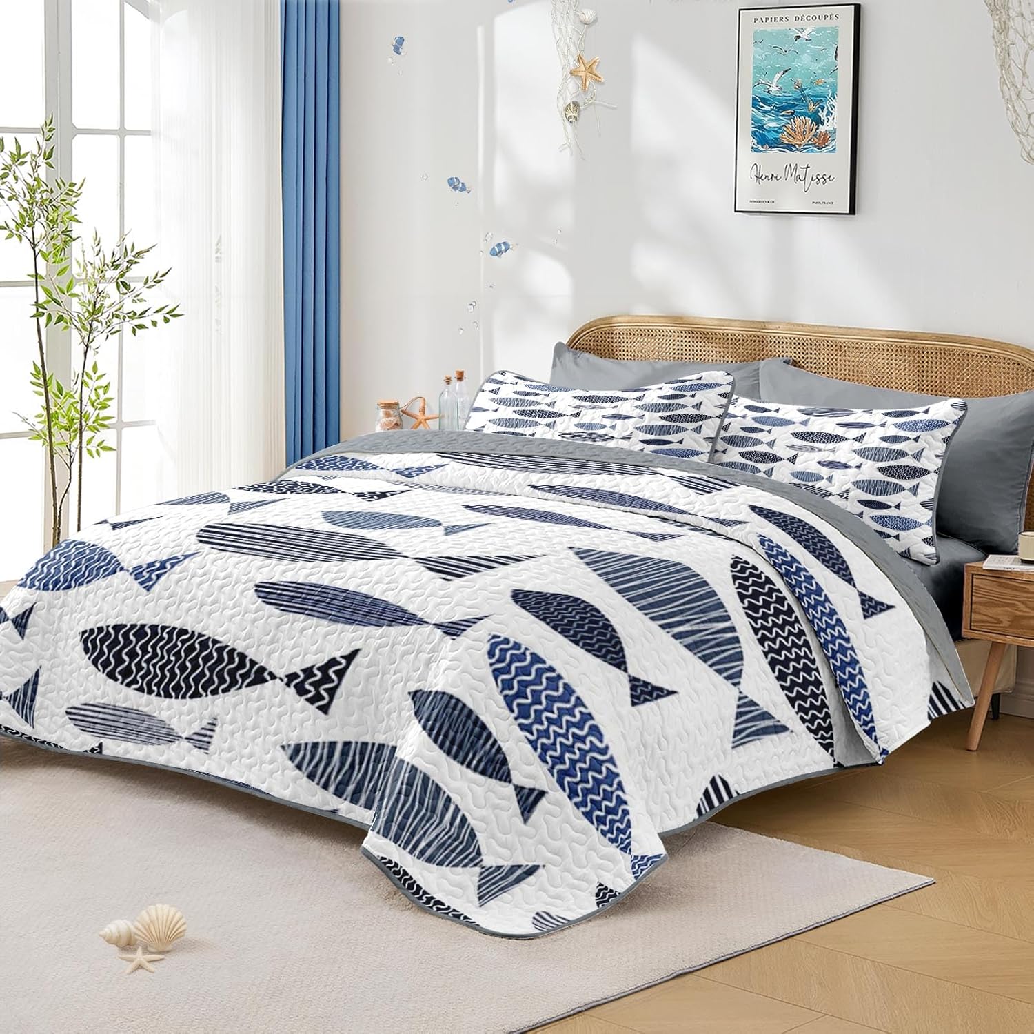 Quilt Set Full/Queen Size, Coastal Fish Ocean 3 Pcs Soft Bed Cover Bedding Set, Nautical Lake House Lightweight Bedspread Coverlet with 2 Pillow Sham for All Season - Image 2
