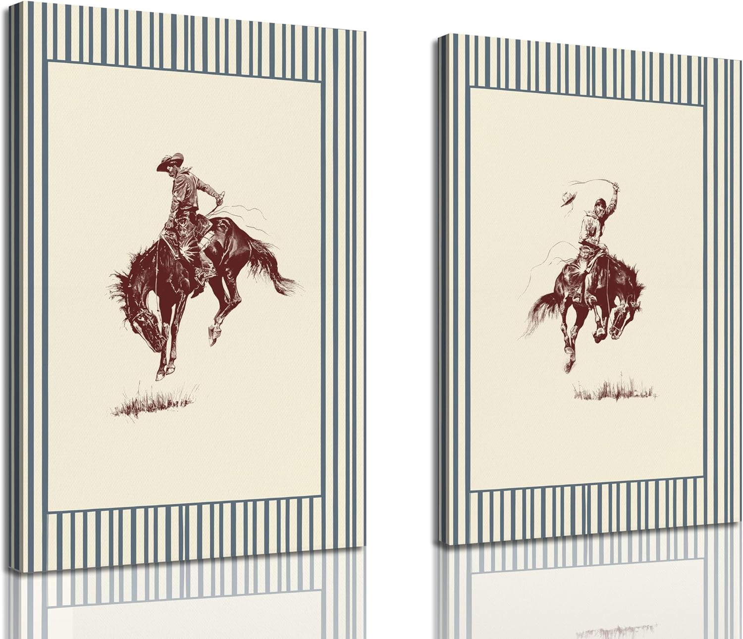 Vintage Striped Rodeo Wall Art Western Cowboy Wall Decor Pictures Blue White Striped Horse Canvas Posters Rustic Mid Century Modern Decor for Bedroom Bathroom Living Home Decoration 12x16in Canvas Rodeo Canvas 12x16in