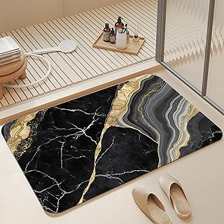 Black Gold Marble Bath Mat,Fast Drying Modern Stylish Bathmats for Bathroom, Non Slip Soft Diatomaceous Bath Rug Bathroom Accessories Thin Doormat for Home Kitchen 17 X 29.5 Inch