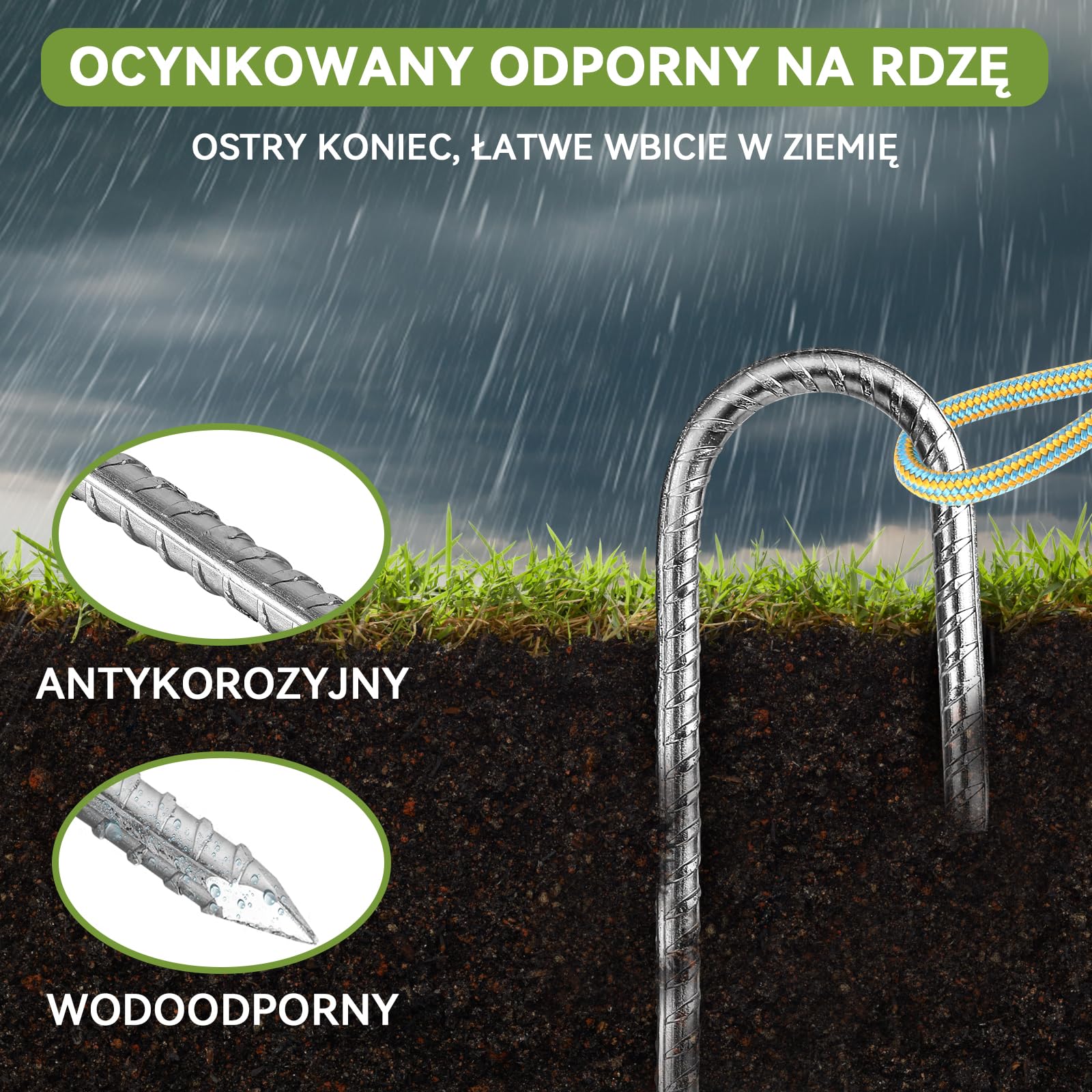 10 Sztuk 30cm Wytrzymałe Kotwy do Trampolin – Ocynkowane, Odporne na Rdzę Stalowe Kołki Kotwiące w Kształcie Litery J z Zaostrzoną Końcówką, Odpowiednie do Namiotów, Ogrodu, Altan i Huśtawek
