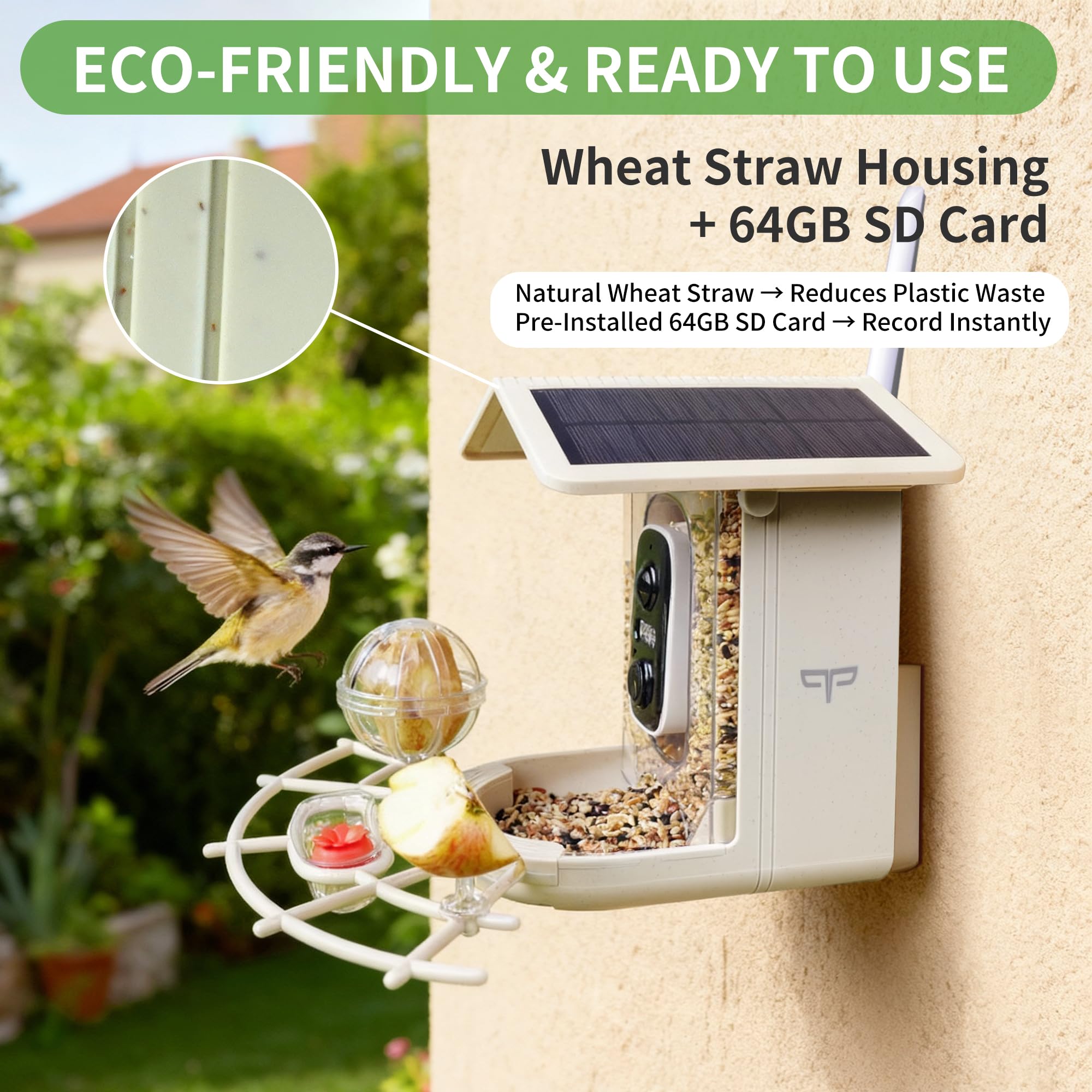 Origem Comedero Pájaros Exterior con Cámara 2K Solar, Tarjeta SD 64 GB | Comedero inteligente 1,7 L, cámara con visión nocturna, identificación IA de aves, IP65 y avisos instantáneos al móvil