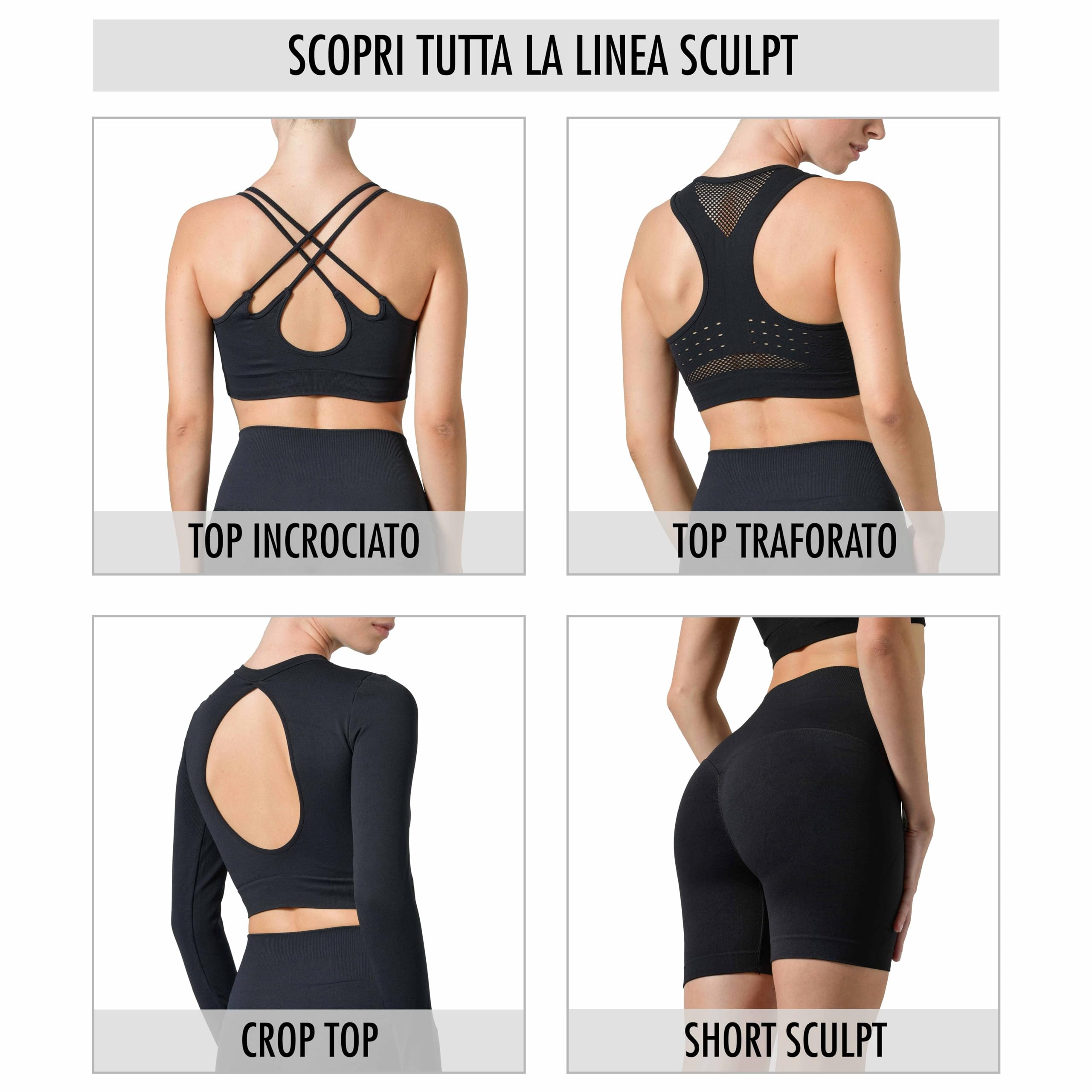 Risalti Damskie legginsy push-up Sculpt - damskie legginsy sportowe, bezszwowe legginsy damskie z wysokim stanem, letnie spodnie do jogi i fitnessu, 100% wyprodukowane we Włoszech, Czarny zestaw, L-XL