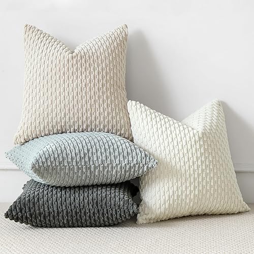 Miniatura 5 de OTOSTAR Juego de 4 fundas de cojín decorativas de pana suave neutra de 16 x 16 pulgadas, fundas de almohada cuadradas a rayas bohemias para sofá,