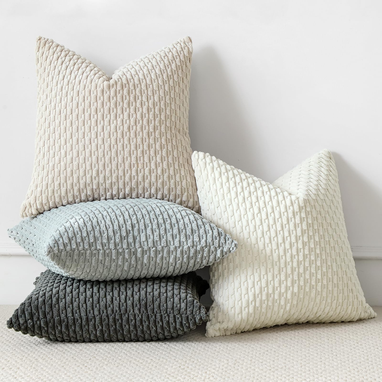 Sungeek Set of 4 Neutral Soft Corduroy Decorative Cushion Covers Boho Striped Throw Pillow Covers for Sofa Couch Living Room Patio Farmhouse Home Decor Pillow Cases 50x50cm