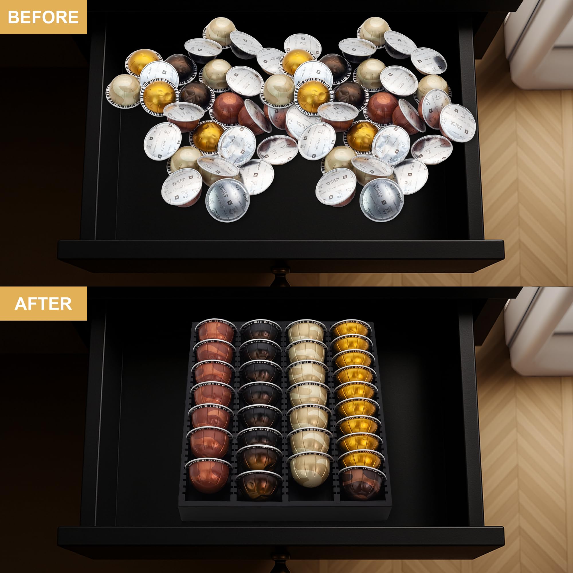 MinBoo Bandeja de almacenamiento de cápsulas de café de bambú, organizador de inserto de cajón de bambú para cápsulas de café, compatible con cápsulas Vertuoline, adecuado para cocina, hogar, oficina