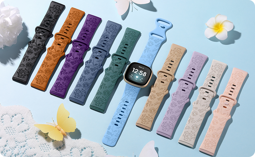 Flower Engraved Replacement Band For Fitbit Versa 4/Versa 3/Sense 2 - Dandelion Silicone Strap For Women
