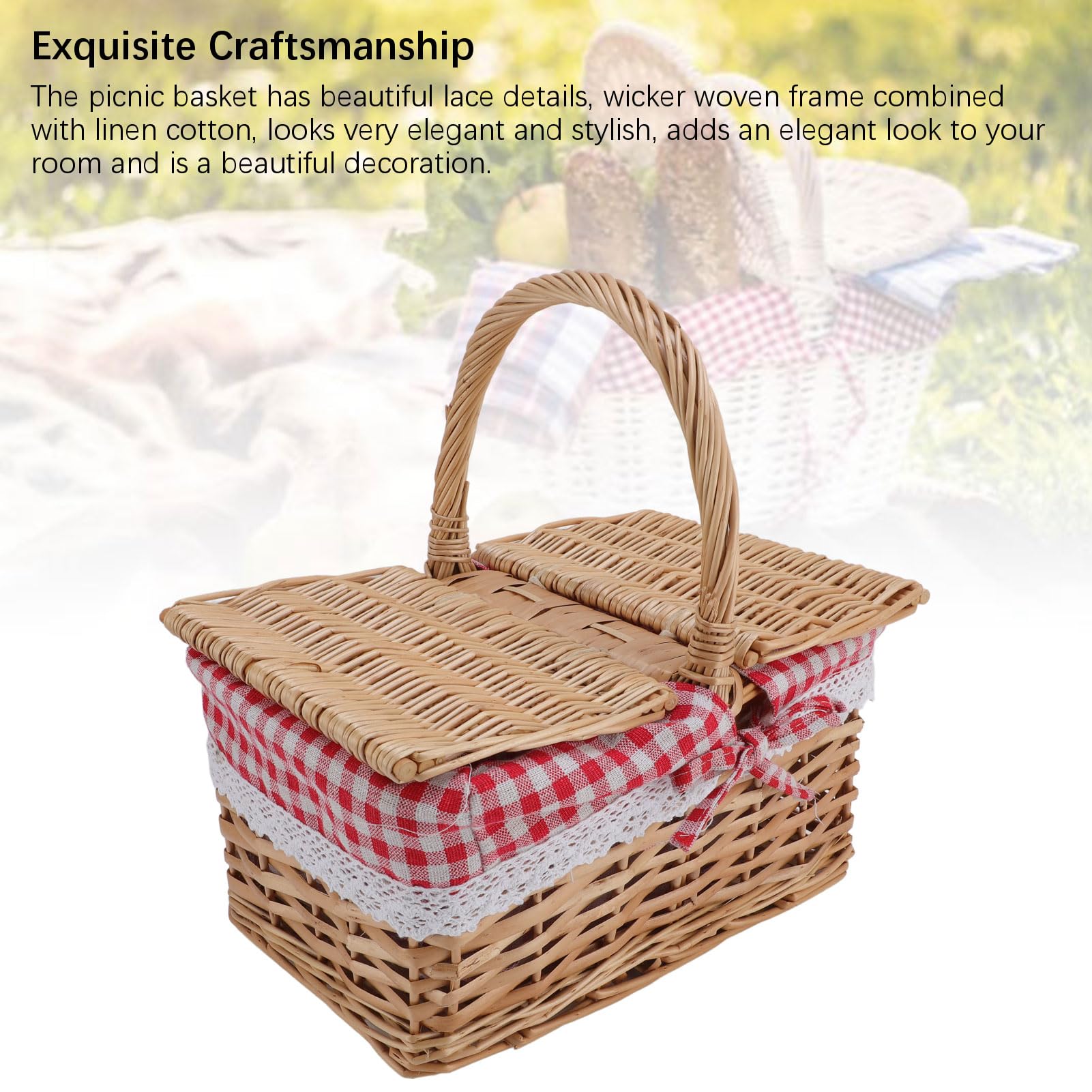 Cesta de Mimbre para Picnic, ratán Premium con Tapa, multifunción para jardín, Cosecha, Flores, Frutas y Verduras (Plaid Rouge)