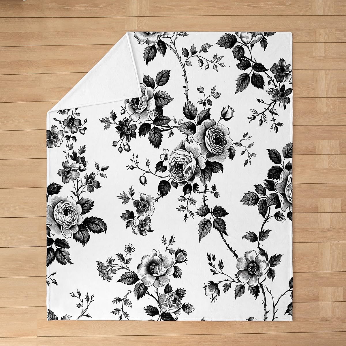 Feelyou Flower Blanket Queen 90"x90" Botanical Floral Printed Plush Throw Blanket for Kids Boys Girls Blossom Flowers Pattern Flannel Fleece Blanket Natural Theme All Season Bed Blanket Black White