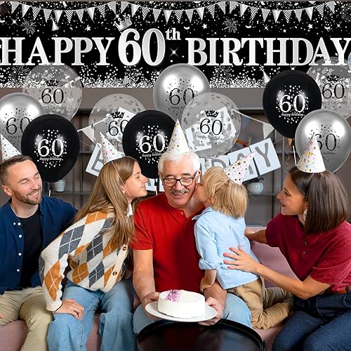 Miniatura 4 de Decoraciones de feliz cumpleaños 60, pancarta negra y plateada, letrero de patio, globos de 18 piezas para hombres y mujeres, fiesta de cumpleaños