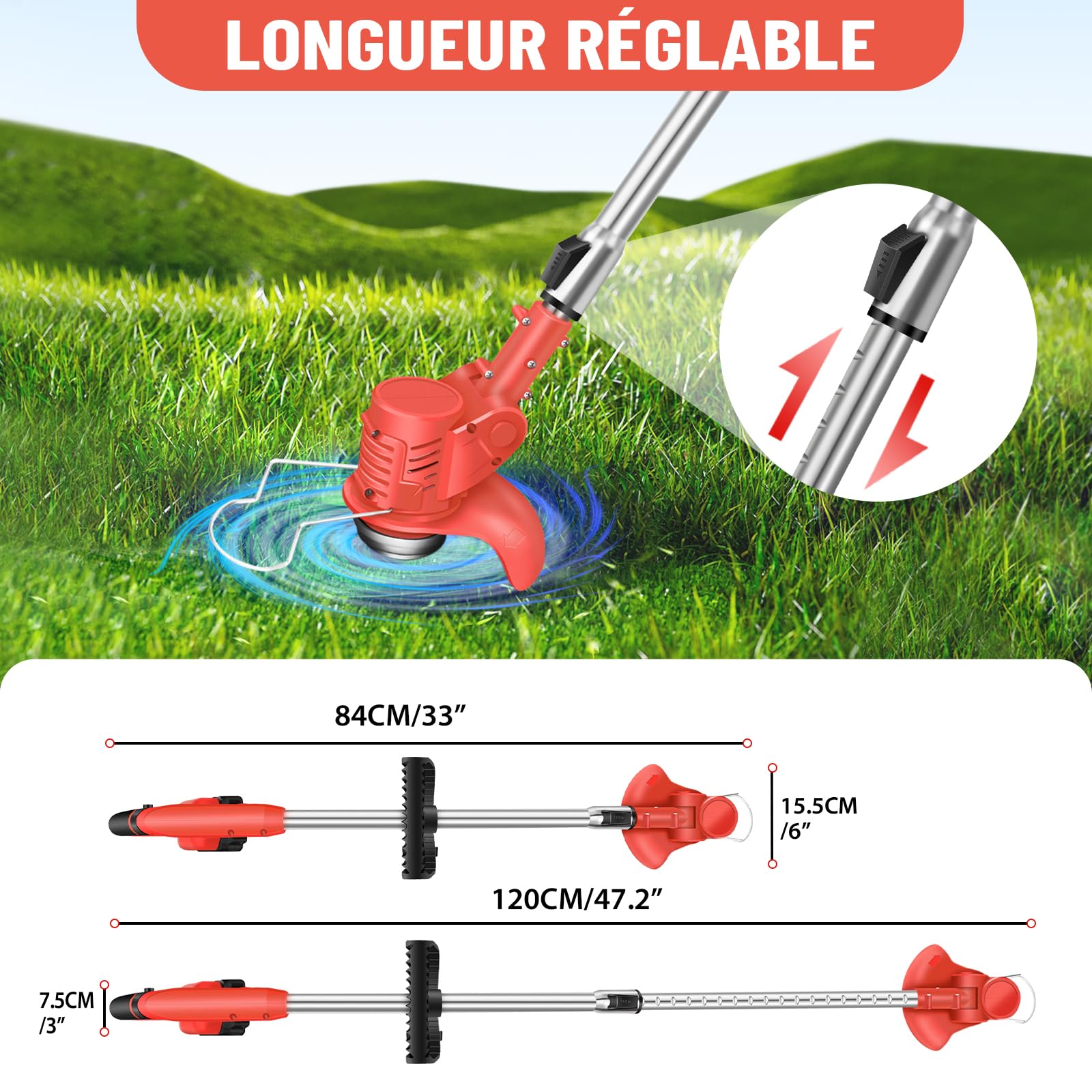 Débroussailleuse Electrique sans Fil, 21V Coupe Bordure avec 2 Batteries et Lames, Débroussailleuse à Batterie pour la Coupe de Jardin, Pelouses et Terres Agricoles (Rouge, avec 2X Batteries)