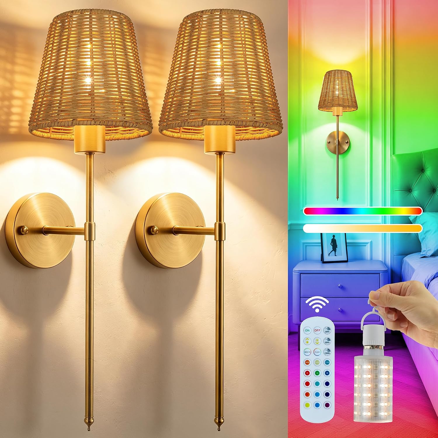 Battery Operated Wall Sconces Set of 2 with Rattan Shade, Rechargeable Wireless Wall Light with RGB Dimmable Magnetic Bulb & Remote for Bedroom Living Room Hallway (Gold)