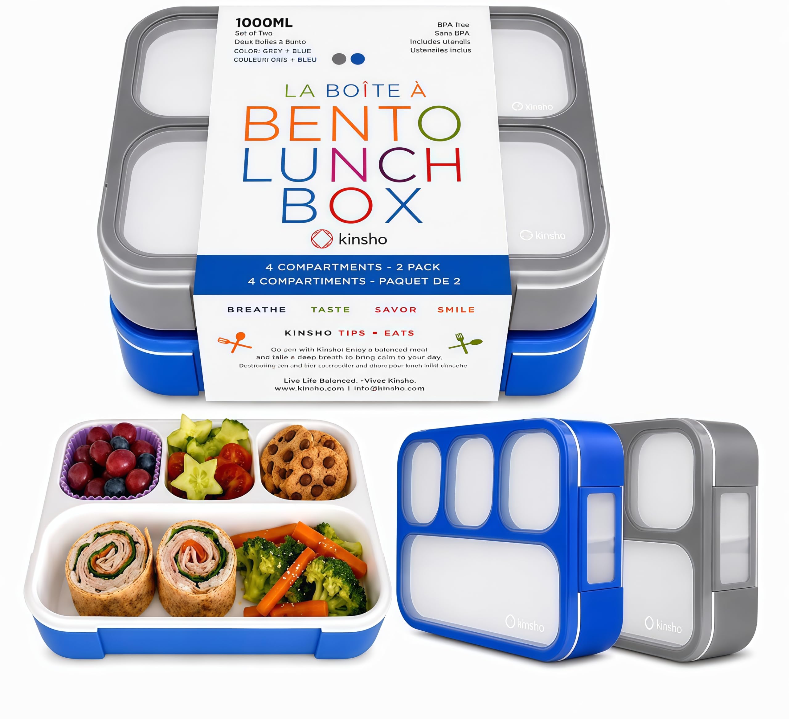 kinsho Bento Box for Kids Lunch-Boxes for Adults | Portion Snack Containers for Boys Toddlers Pre-School Daycare Work Lunches BPA Free | 4 Compartments, Grey Blue, 2 pack