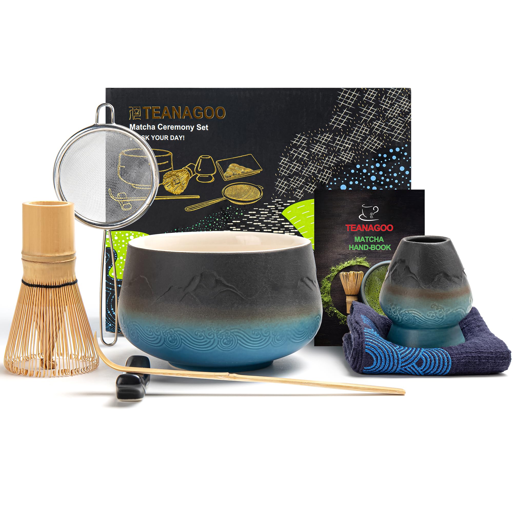 TEANAGOO Matcha Set| Matcha Besen|Matcha Tea Set | Matcha Schale| Matcha Whisk,Schaufel, Sieb, Matcha-Besenhalter, Matcha-Besenständer-7 Stück MatchaTee Sets,N23, Farbverlauf Marine