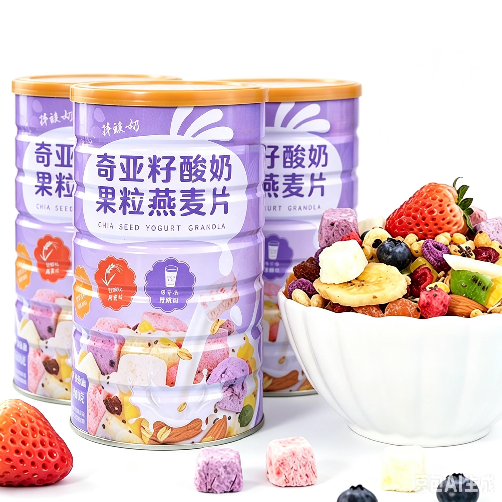 Cereal de yogur con semillas de chía: avena mezclada con trozos de fruta y bocadillos integrales(3pcs)