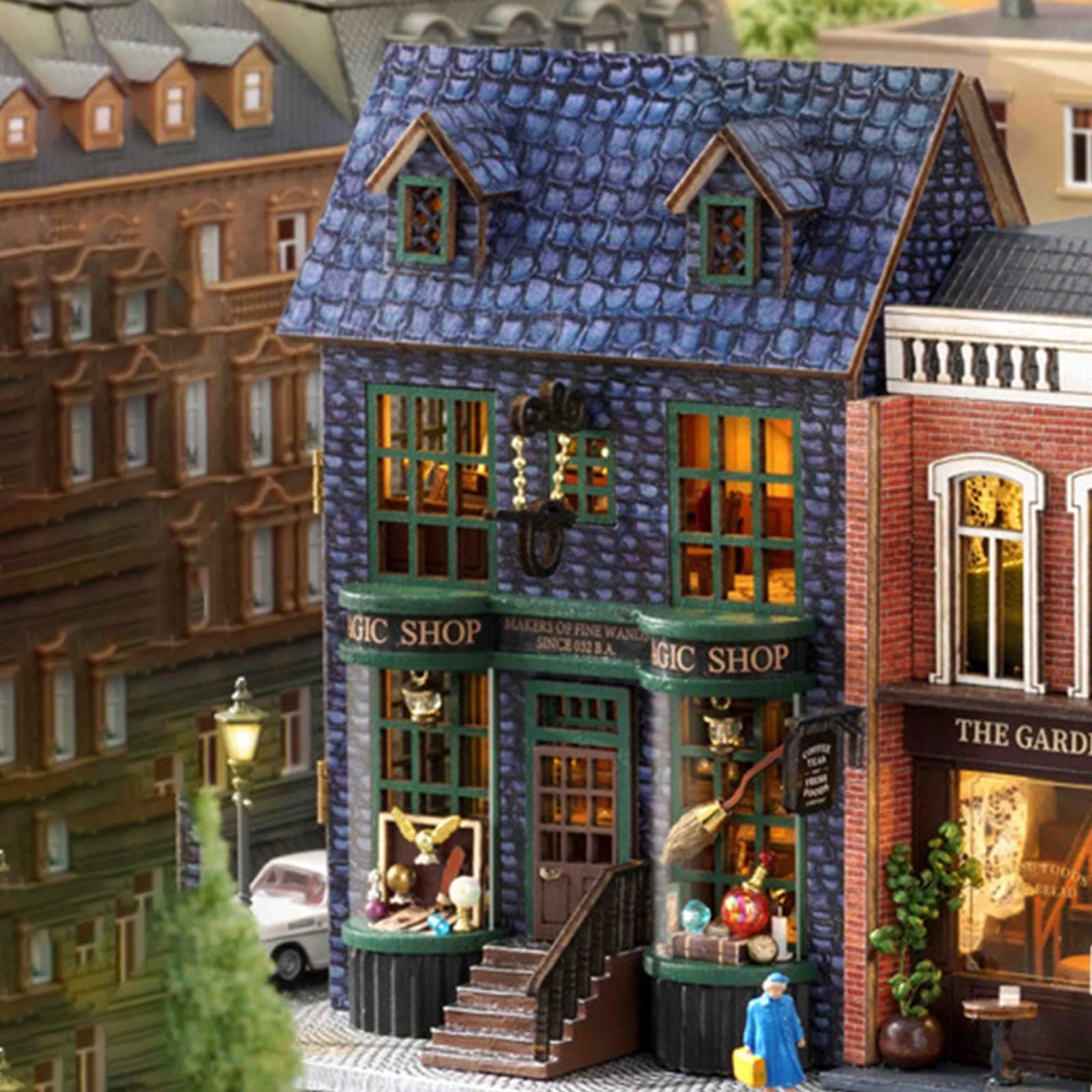 Casa delle Bambole Miniatura Fai da in Legno Kit da Costruzione Modello Artigianale con Mobili Luce LED Adatta per Collezione, Negozio