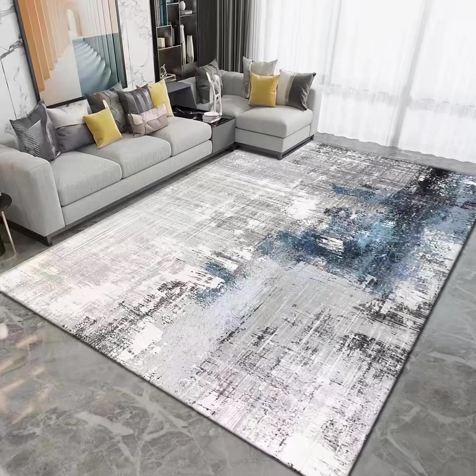 Deko Balkon Abwaschbarer Teppich Blau Schwarz Grau Tinte Design,teppiche modern Designer für Wohnzimmer bettvorleger Schlafzimmer waschbar 140x200cm
