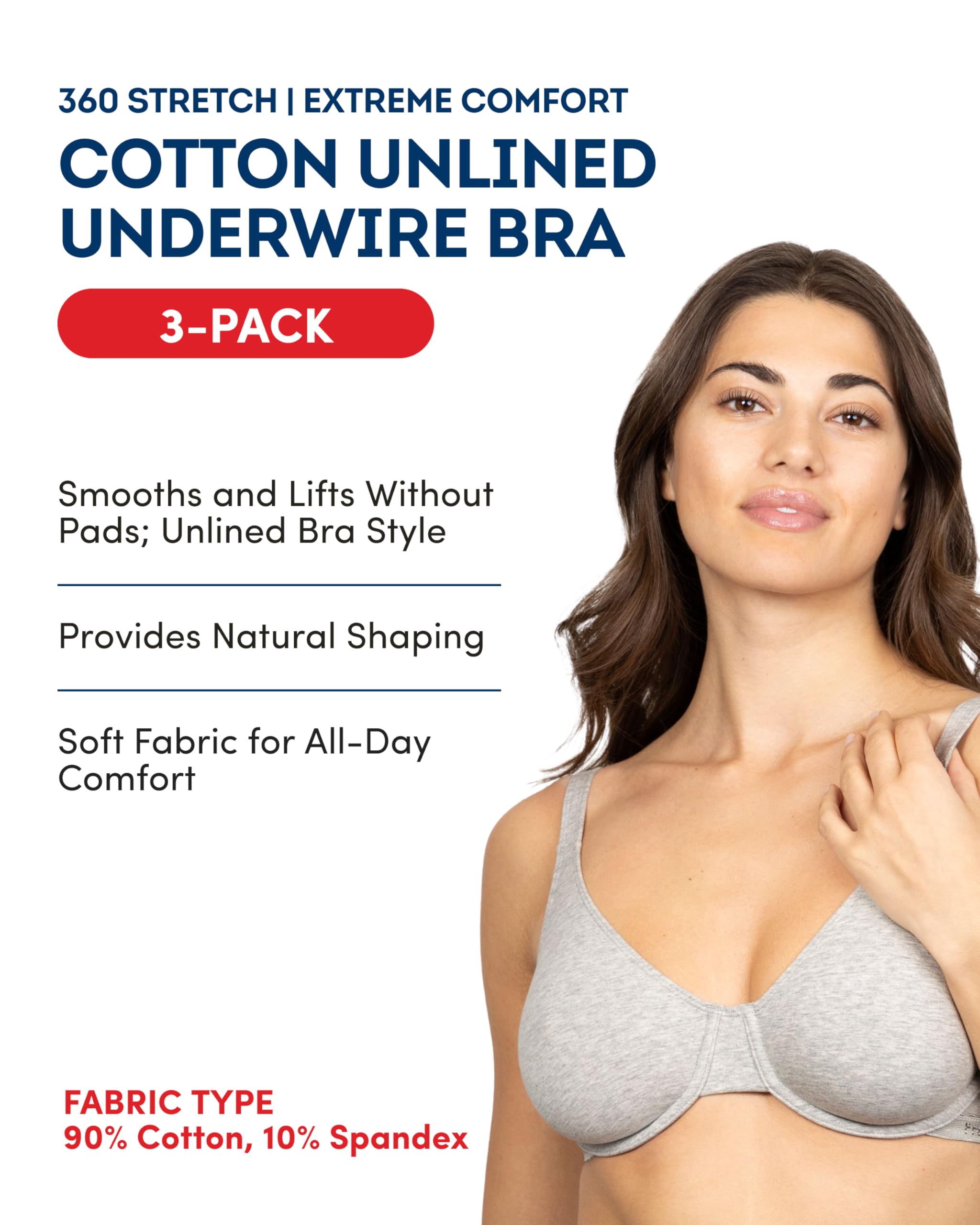 Fruit of the Loom Unlined Underwire Bra - Cotton & Spandex Blend For Natural Shape and Flexibility Sujetador Mujer (Pack de 2)